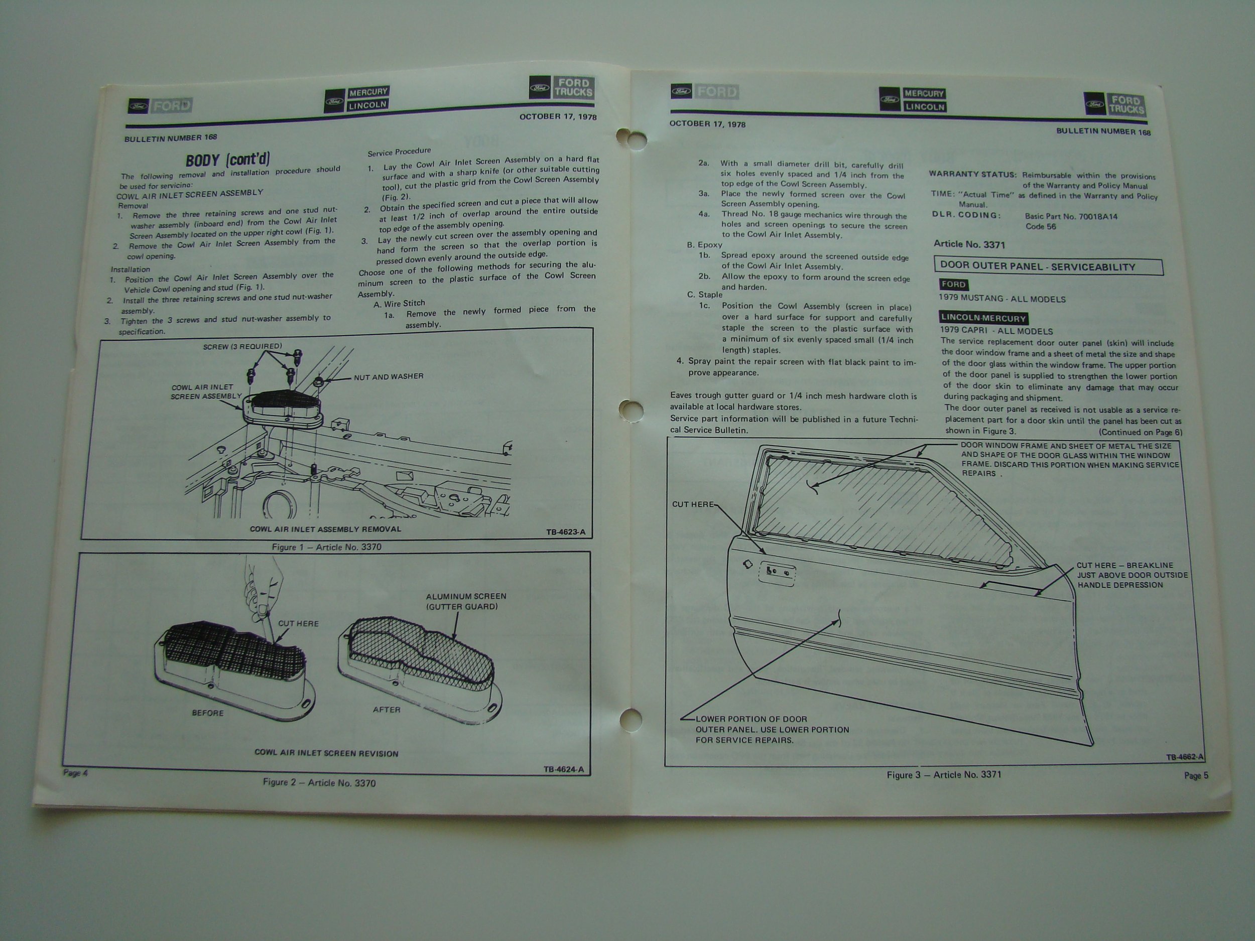 Open automotive repair manual showing instructions and diagrams for removing and replacing a Ford Cowl Air Inlet Screen Assembly and related parts for a 1979 Ford Mustang, Lincoln-Mercury, and other models.