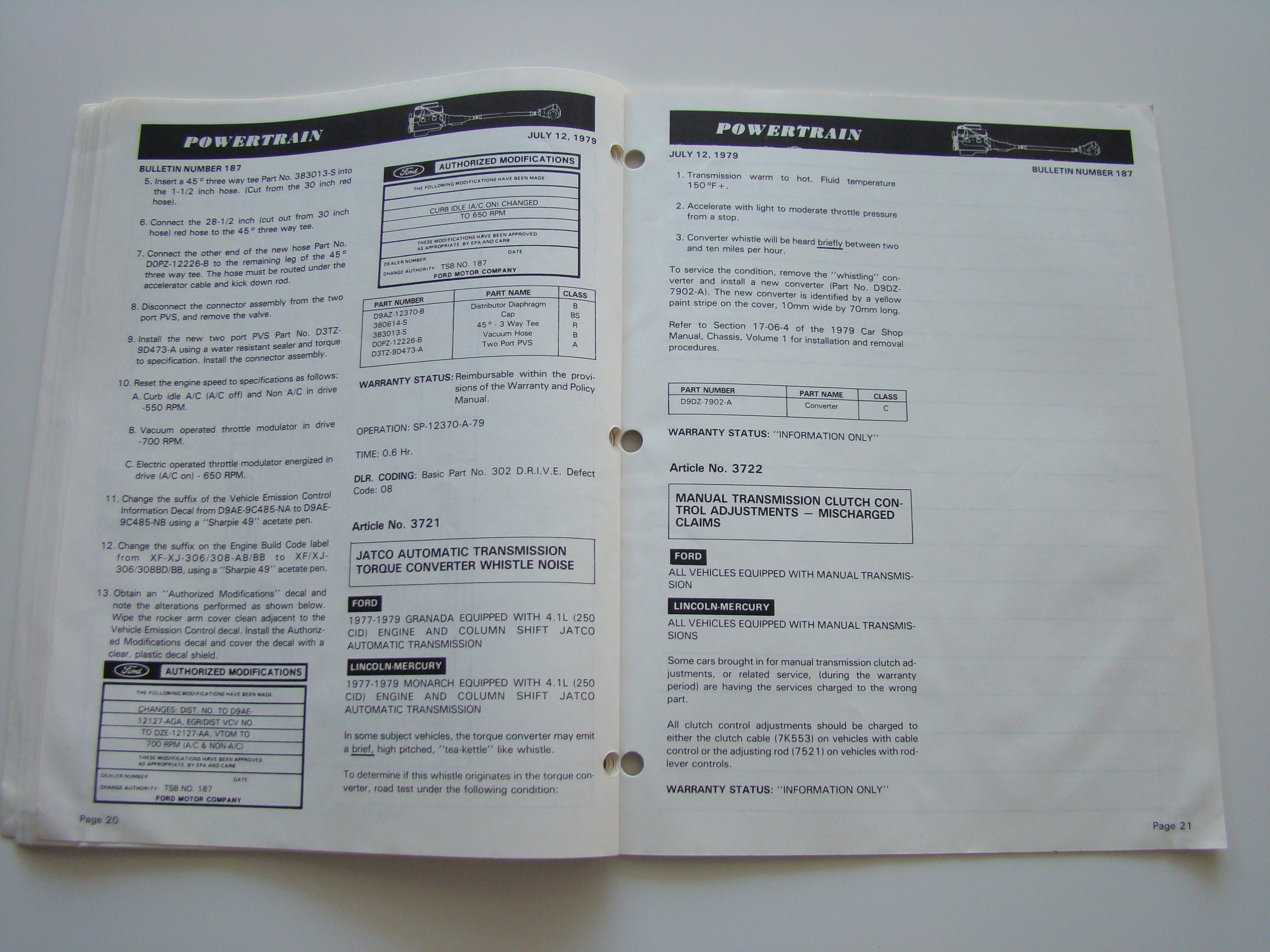 Open vehicle maintenance manual with specifications for Powertrain, including transmission and throttle control adjustments, dated July 12, 1979, with step-by-step instructions and part numbers for Ford and Lincoln-Mercury vehicles.
