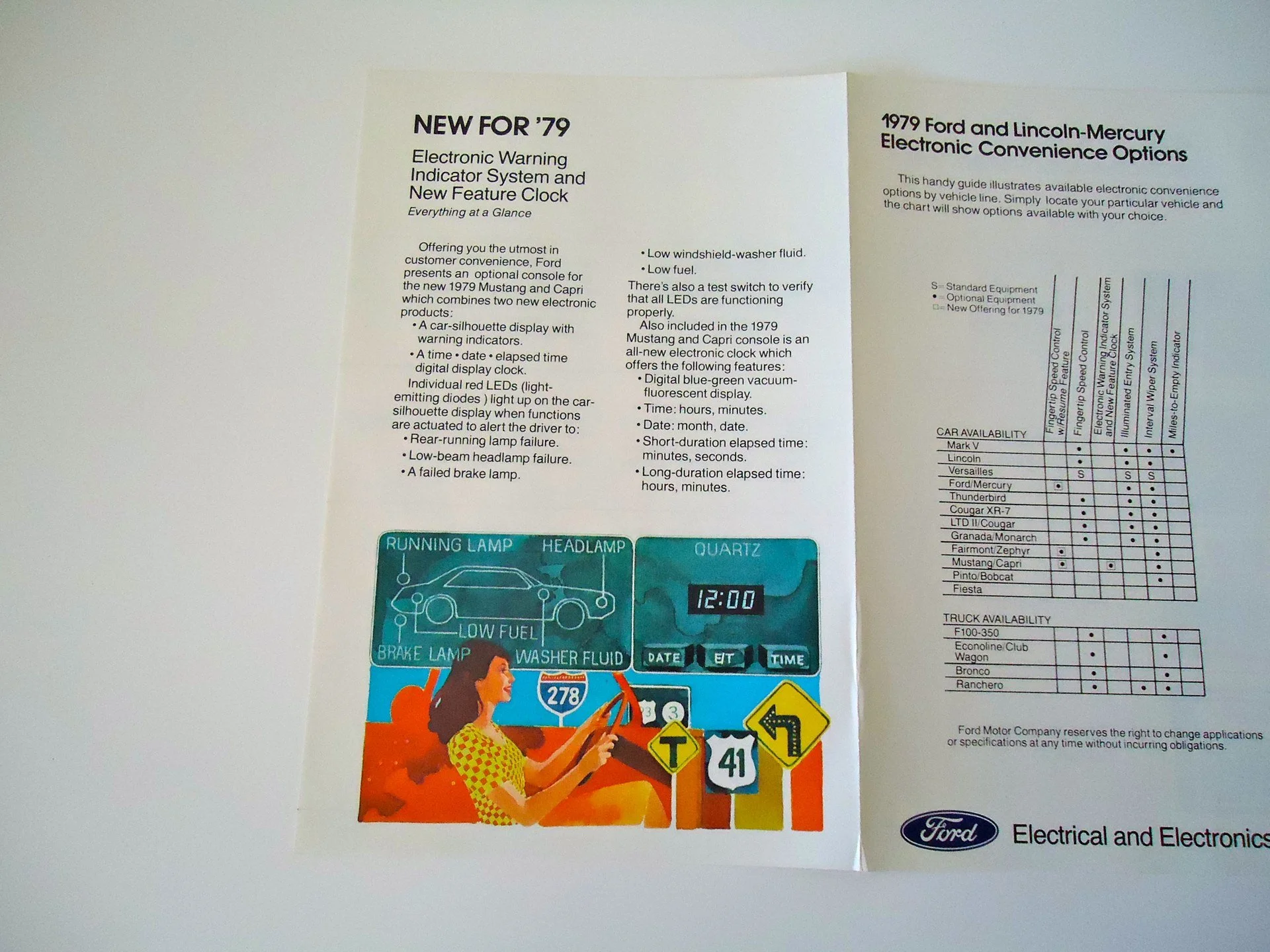 1960s or 1970s car brochure with information on new electronic features and options, including illustrations of a woman driving a car with dashboard displays, speed signs, and a chart of vehicle availability.