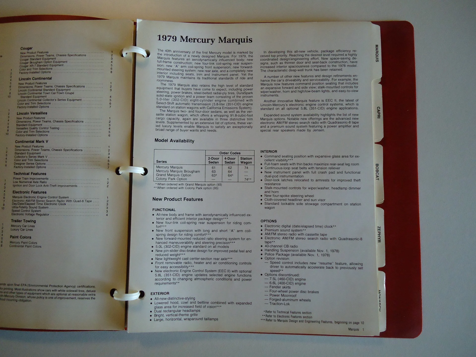 Page from a car brochure featuring information about the 1979 Mercury Marquis, including model features, availability, and technical specifications.