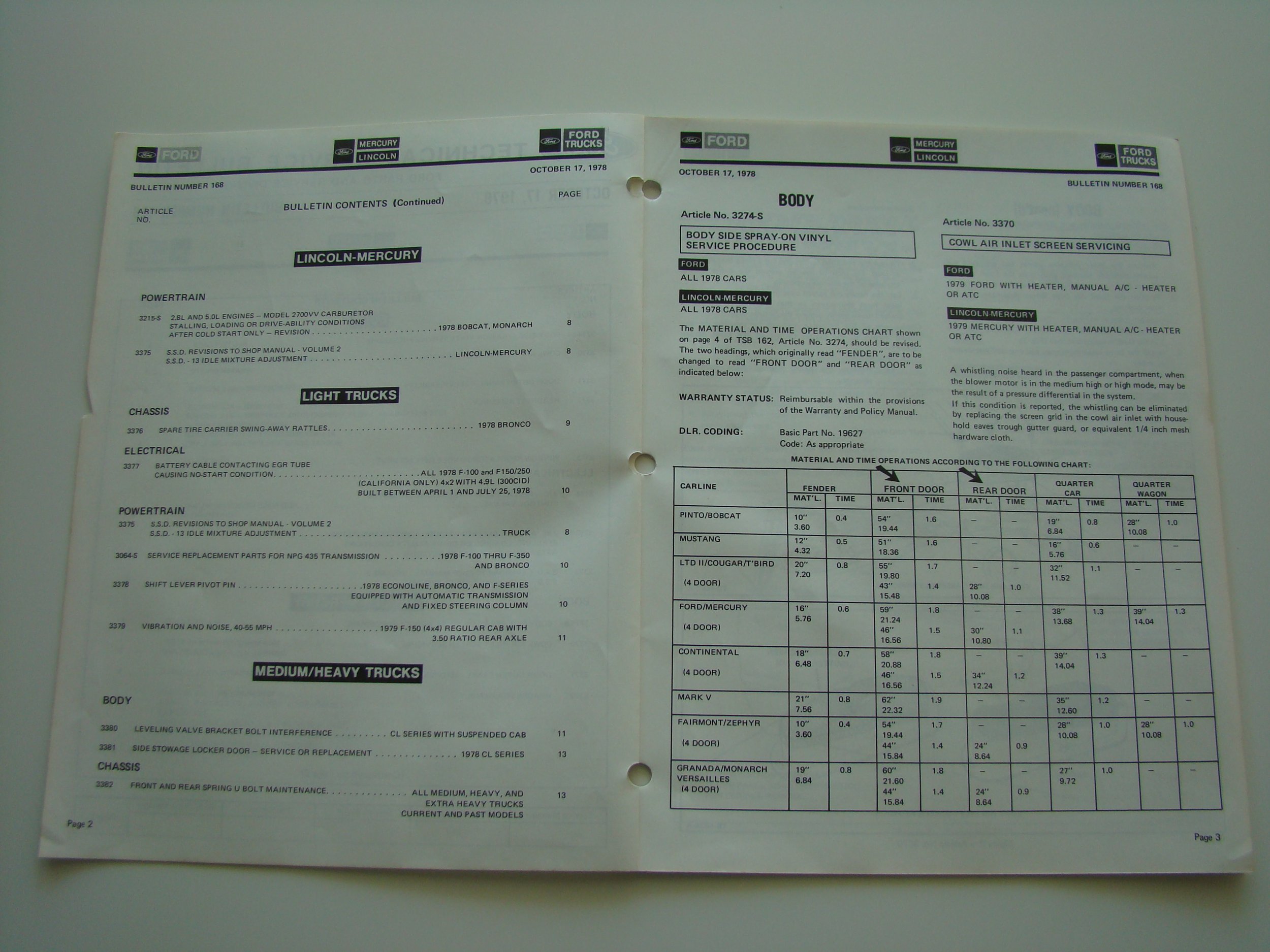 Open service manual for Ford and Lincoln-Mercury vehicles, dated October 17, 1978, showing pages with technical specifications, service procedures, and chart for body and powertrain components.
