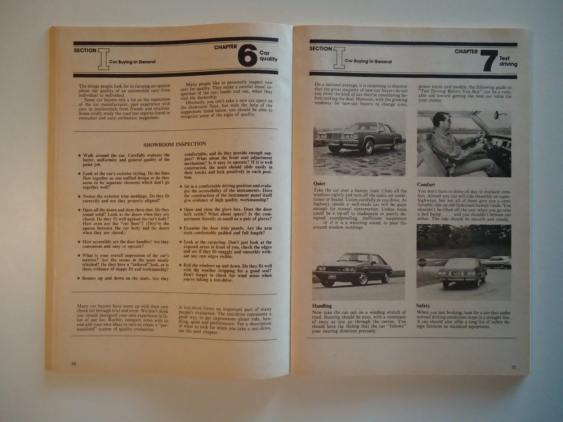 Open car maintenance and test-driving manual showing chapters on car quality, test driving, and safety, with black-and-white photographs of cars and a person in a car.