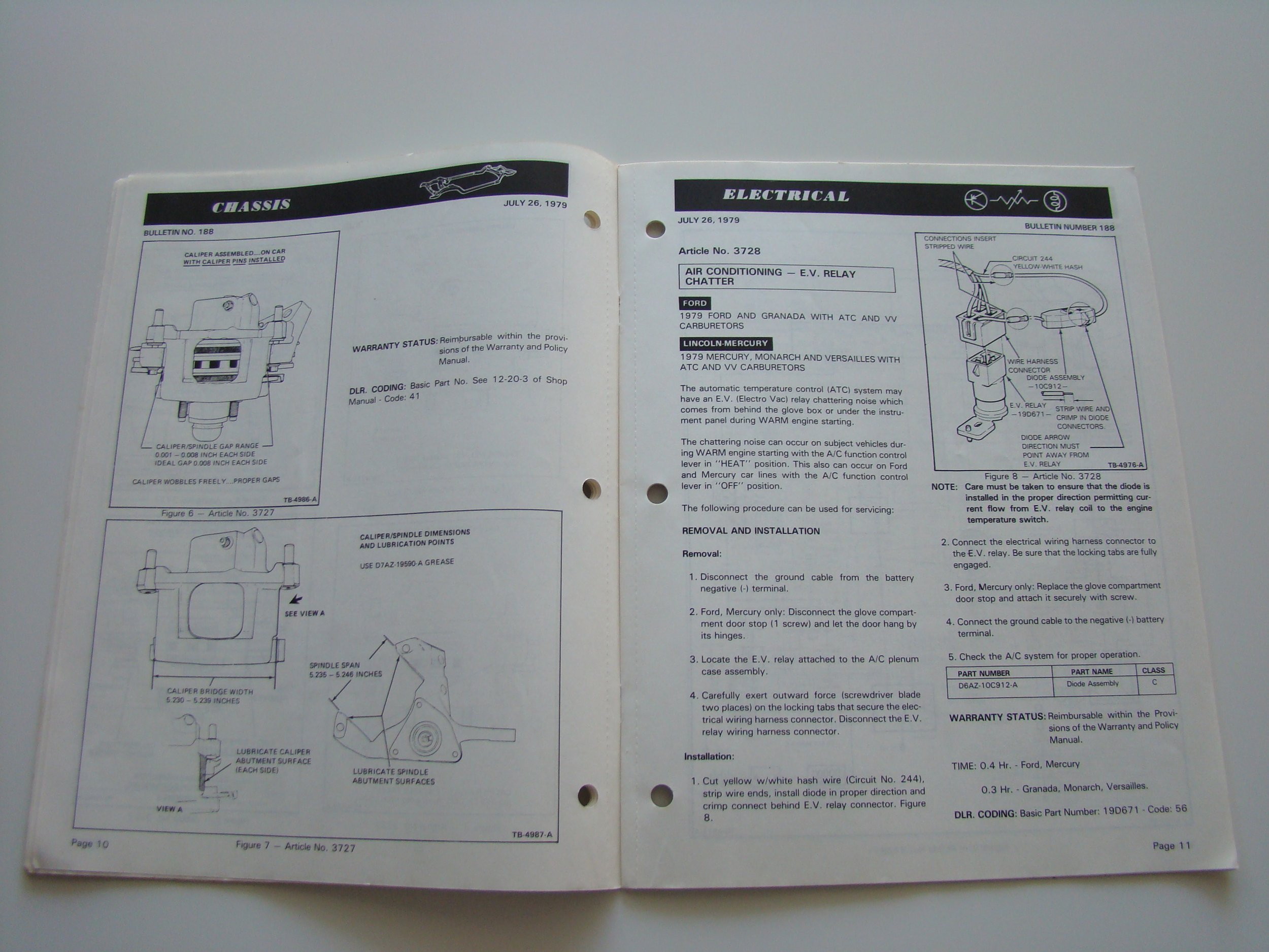 Open car repair manual showing diagrams and instructions for vehicle chassis, electrical systems, and air conditioning relay, dated July 26, 1979.