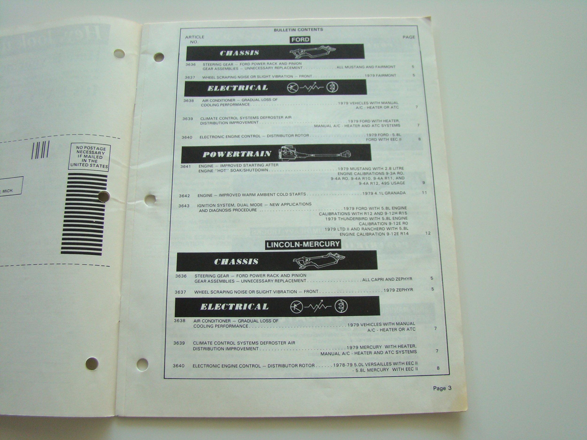 Open vehicle parts catalog pages showing sections on chassis, electrical, and powertrain for Ford and Lincoln-Mercury vehicles.