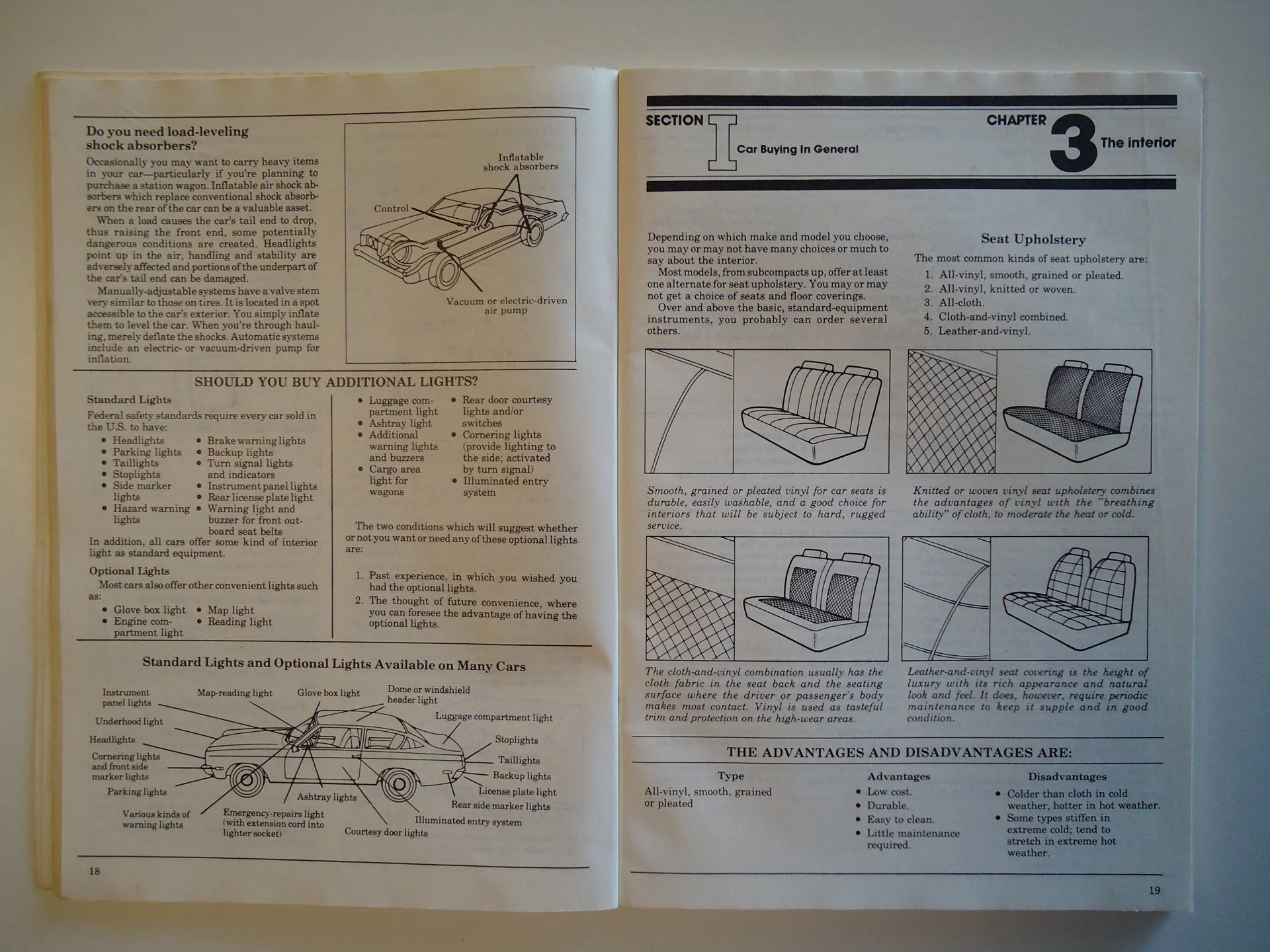 Open car maintenance manual showing diagrams and information about car lights, seat upholstery, and interior features.