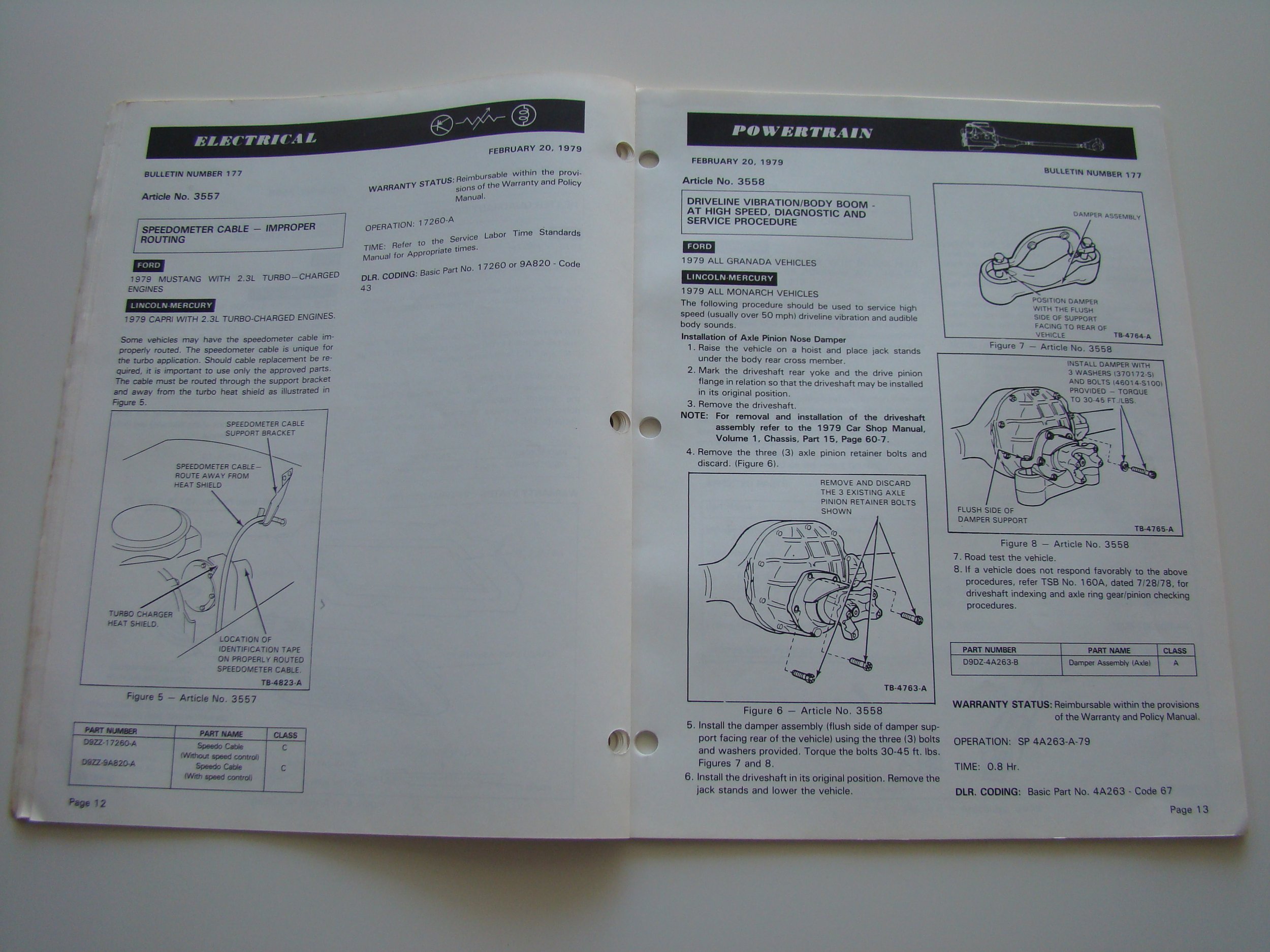 Open technical manual with diagrams and instructions for automotive electrical and powertrain repairs, dated February 20, 1979.