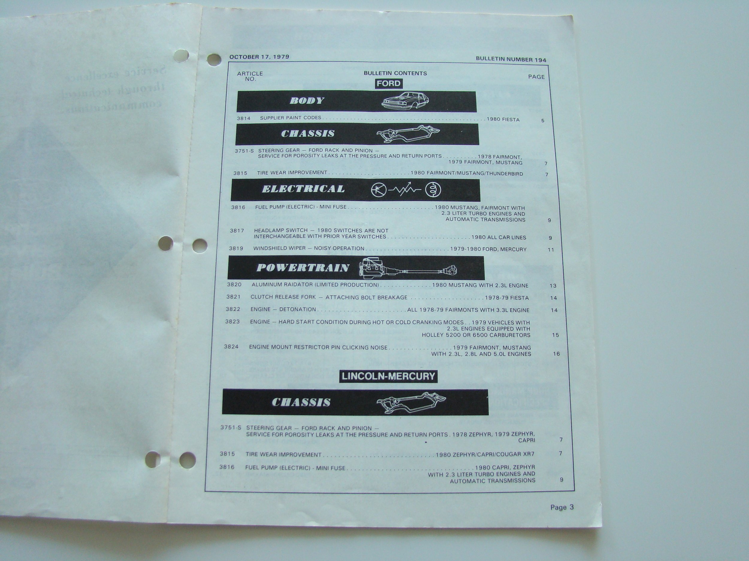 A vintage car parts catalog page from October 17, 1979, featuring sections for Ford body, chassis, electrical, Powertrain, Lincoln-Mercury chassis, and upgrades, with illustrations and part descriptions.