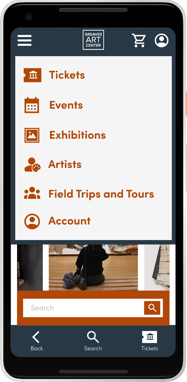 Navigation menu of the Greaves Art Center mobile app providing access to tickets, events, exhibitions, artists, field trips and tours, and account features.