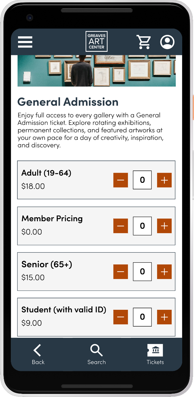 General admission ticket purchasing screen of the Greaves Art Center mobile app, allowing users to select ticket quantities by admission type before checkout.