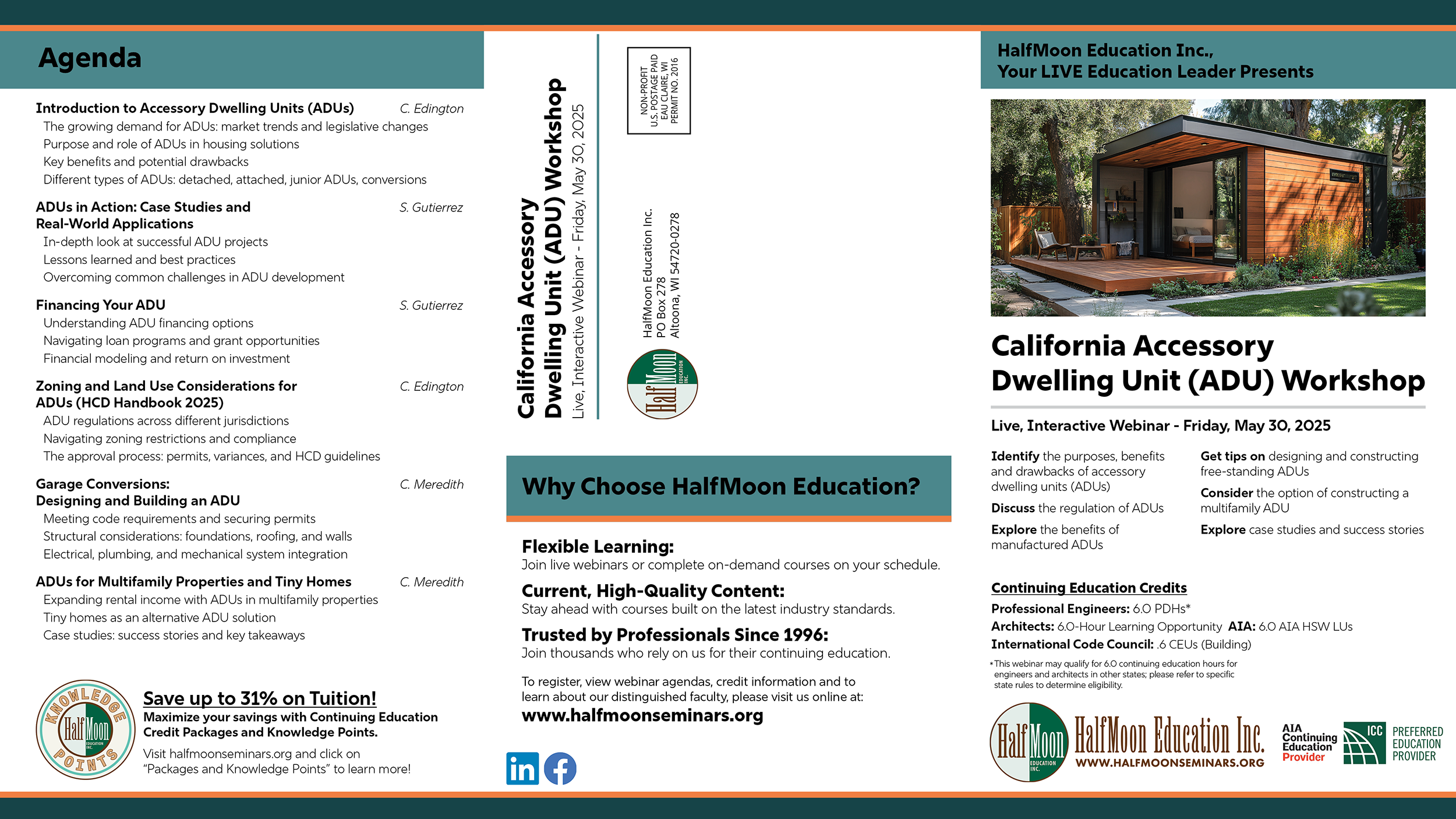 Completed tri-fold brochure template promoting a California Accessory Dwelling Unit workshop, with fully populated agenda content and speakers on the left, a branded center panel, and a completed right panel including a modern ADU image, finalized ev