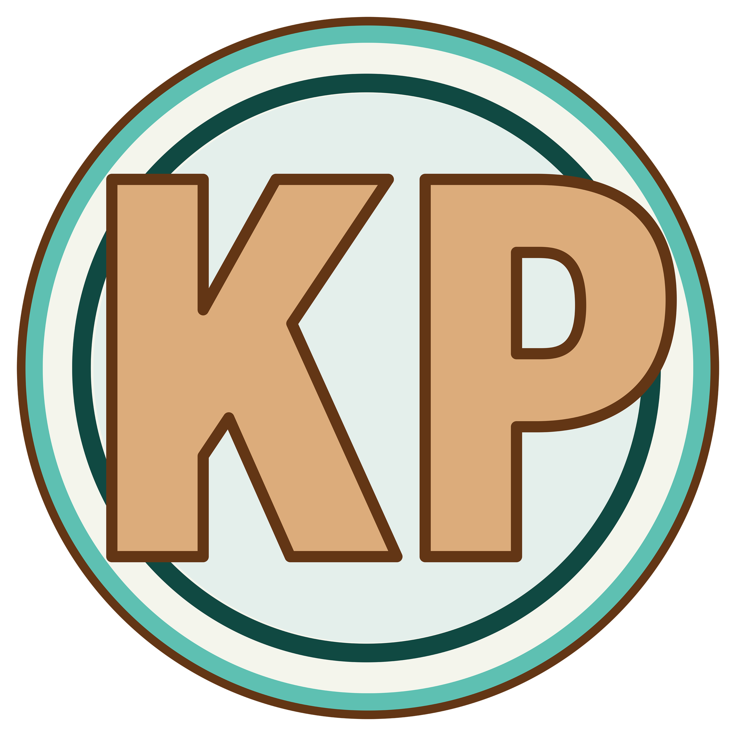 Circular Knowledge Points currency logo featuring layered rings in teal, cream, and dark green with a brown outline, centered with large “KP” initials in tan with a brown outline.