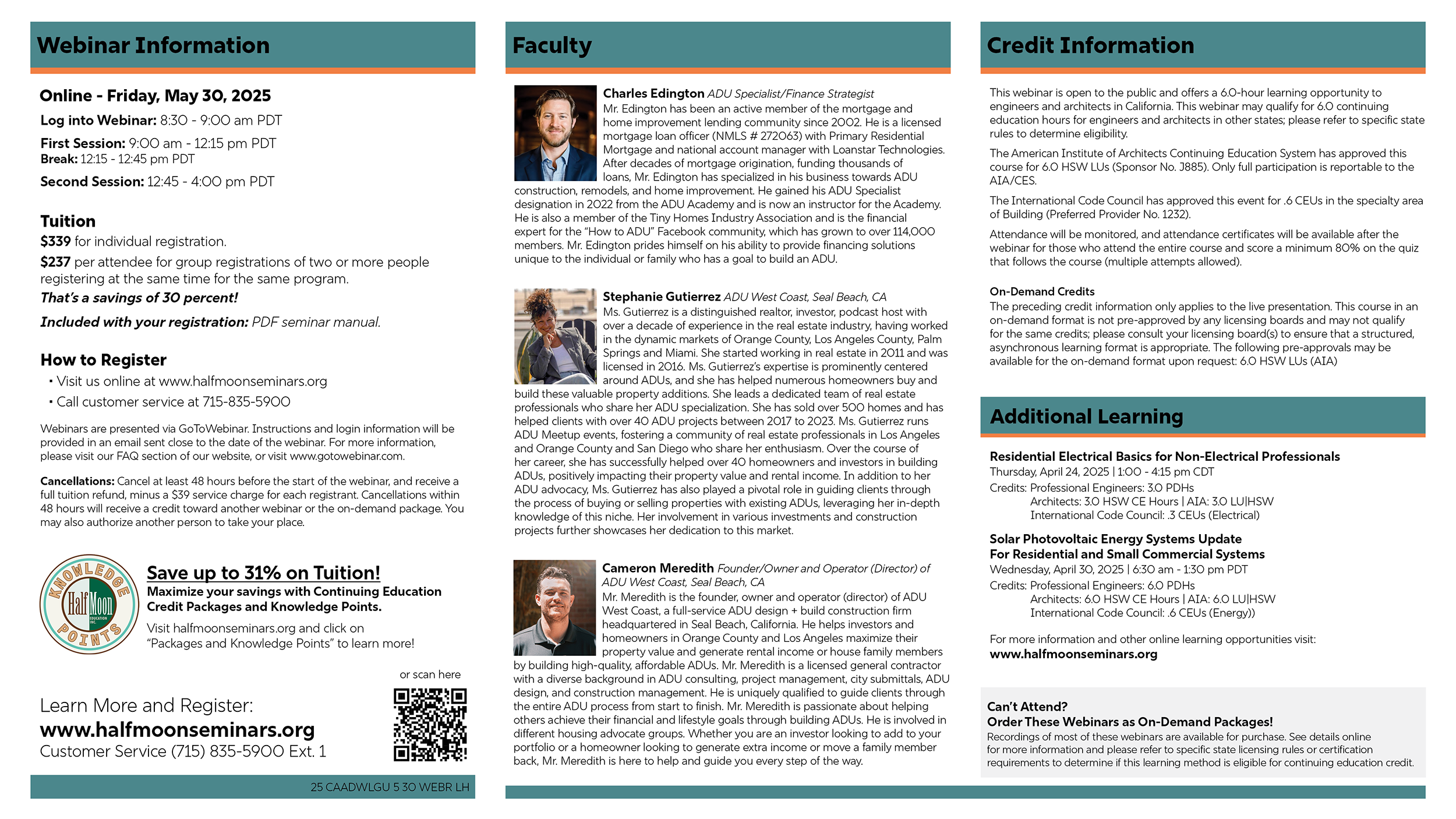 Fully completed tri-fold brochure template interior for an ADU workshop, featuring populated webinar schedule and registration details with pricing and QR code on the left panel, detailed instructor biographies with headshots and credentials in the c