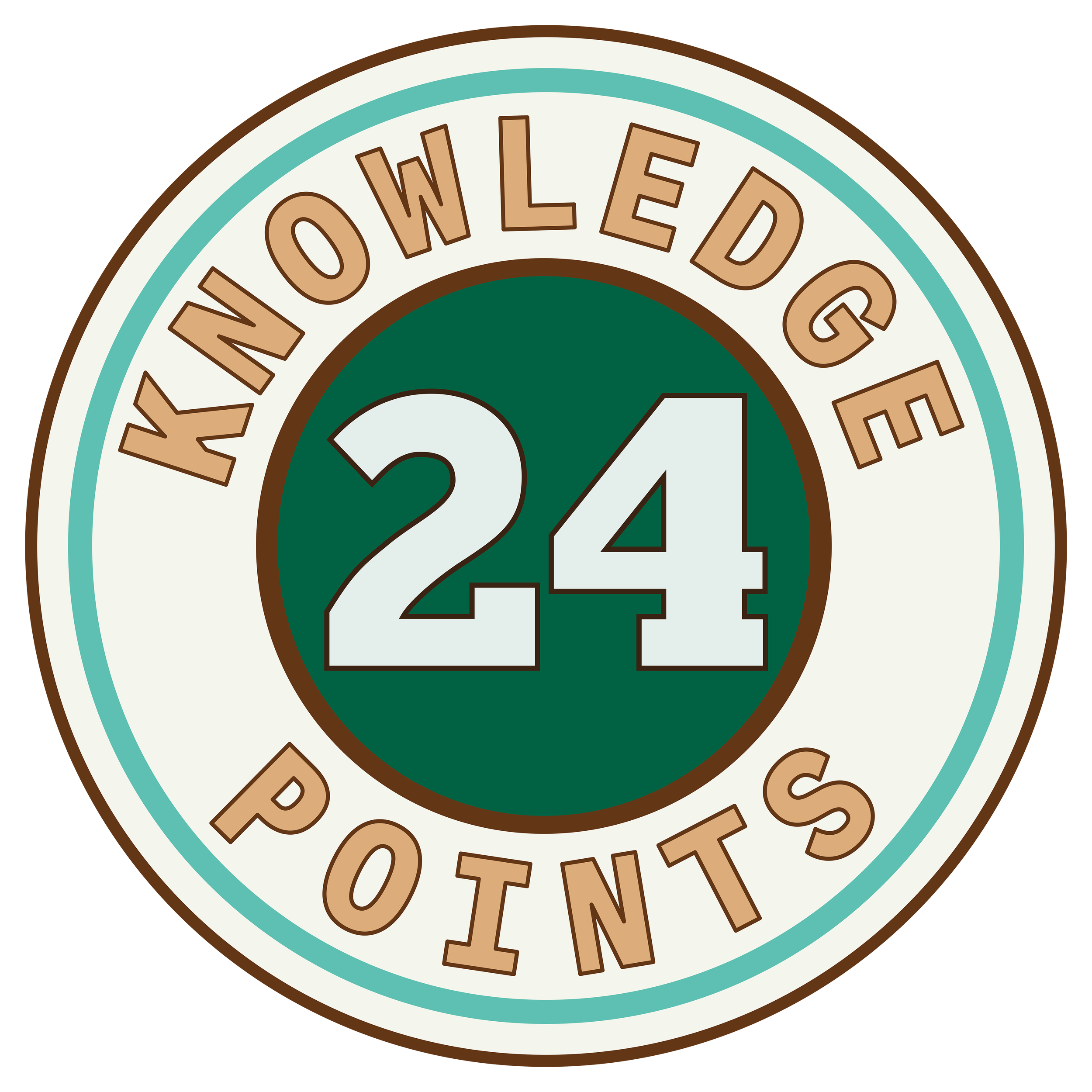 Circular Knowledge Points logo with layered teal, cream, and dark green rings and a brown outline, featuring the number “24” centered in light green on a dark green background, with “KNOWLEDGE POINTS” around the outer ring.