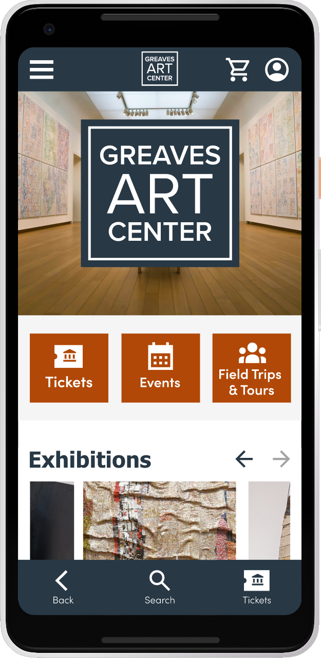 Home screen of the Greaves Art Center mobile app featuring the museum logo, primary navigation, and quick access to tickets, events, and field trips and tours.