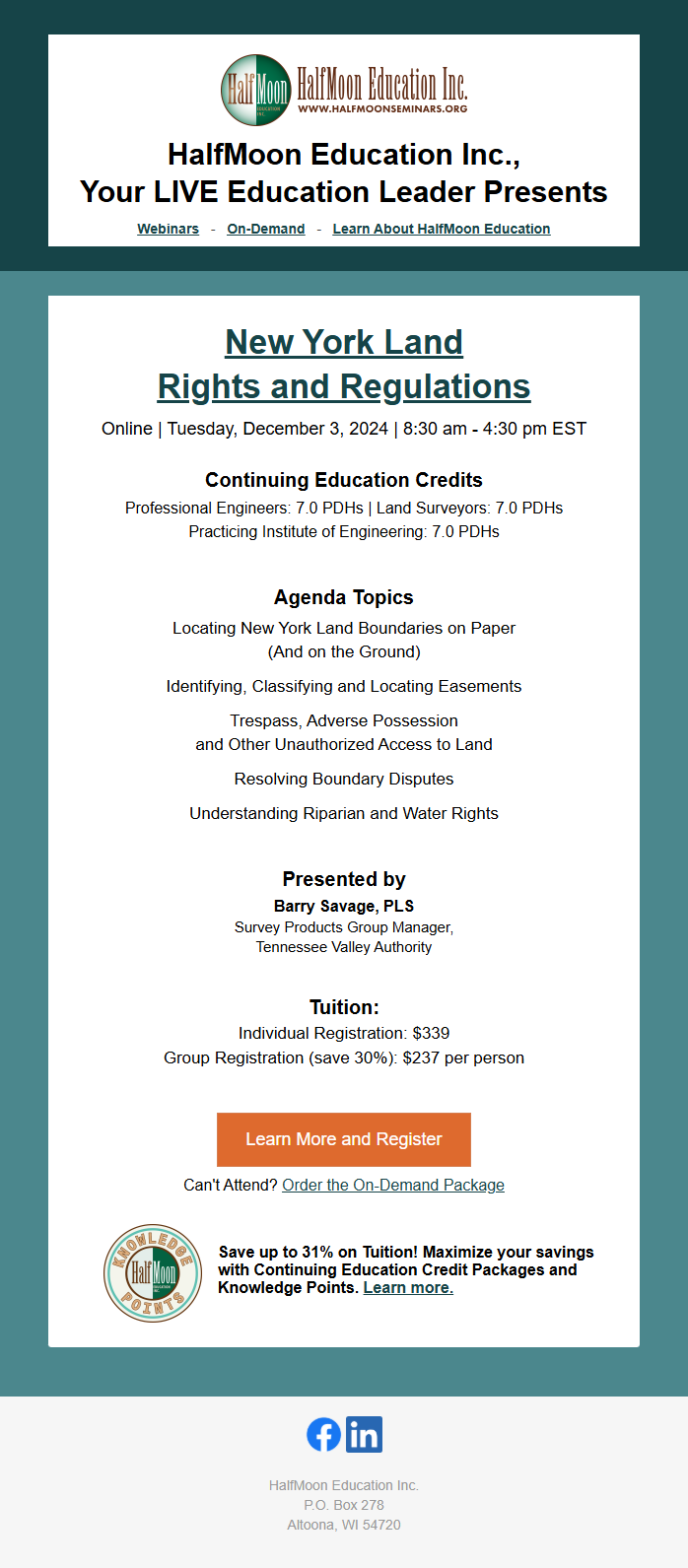 HalfMoon Education promotional email advertising the live online continuing education webinar "New York Land Rights and Regulations," including webinar details, continuing education credits, agenda topics, and a registration button.
