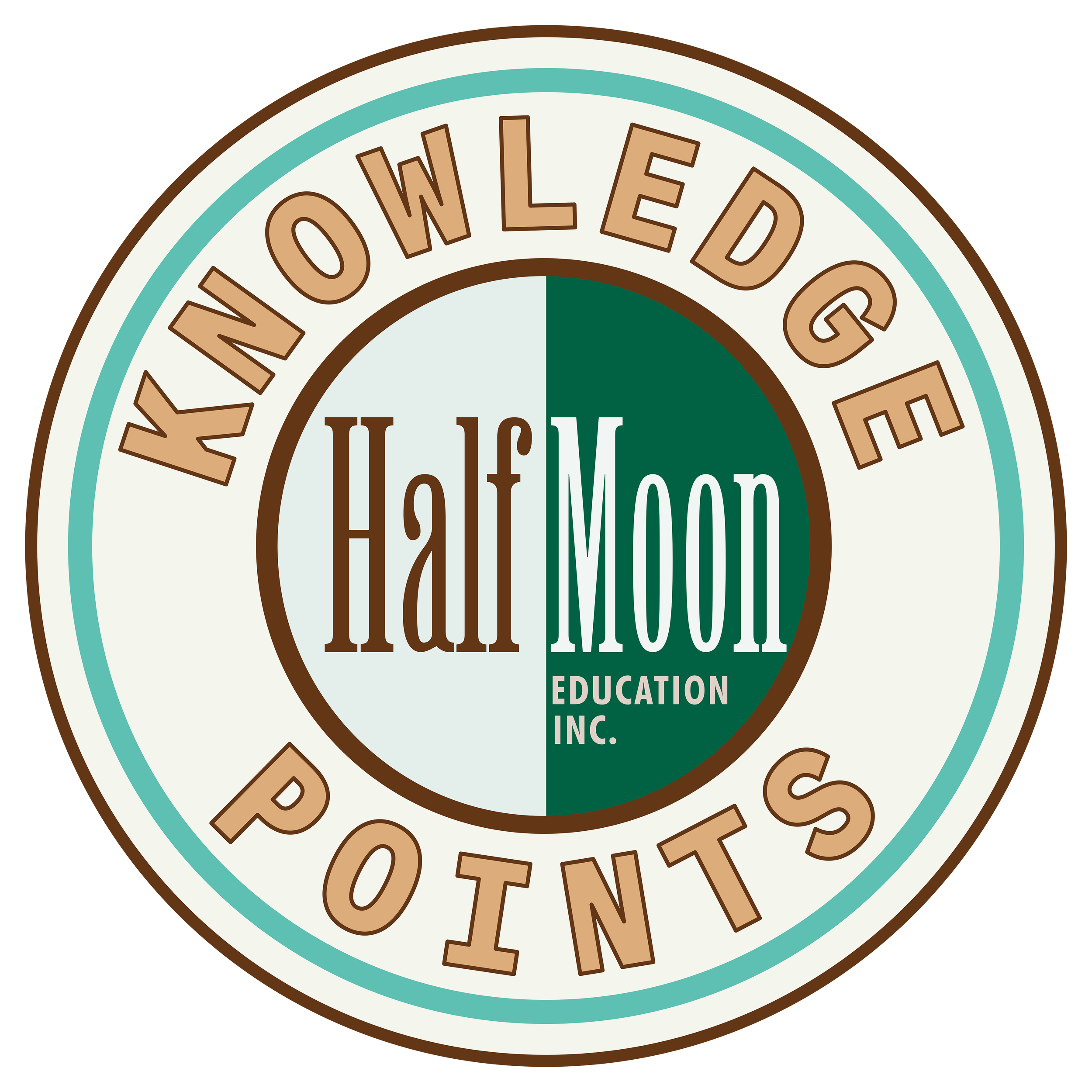 Circular Knowledge Points logo with layered teal, cream, and dark green rings and a brown outline, featuring the HalfMoon Education mark in the center and “KNOWLEDGE POINTS” wrapped around the outer ring.