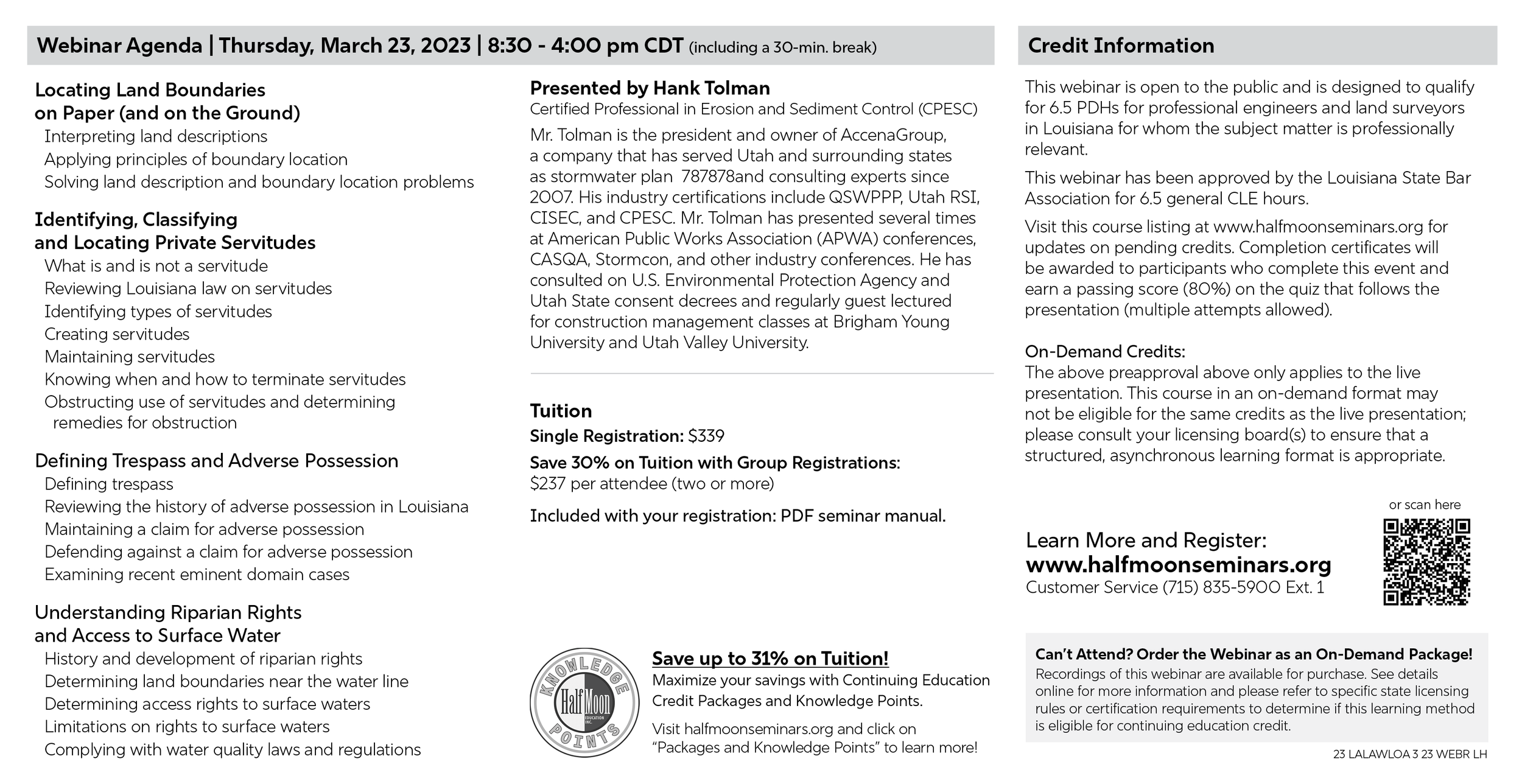 Back of a continuing education webinar postcard for HalfMoon Education promoting the webinar "Louisiana Land and Water: Ownership and Access." The postcard provides the webinar agenda, presenter biography, continuing education credit information, tui