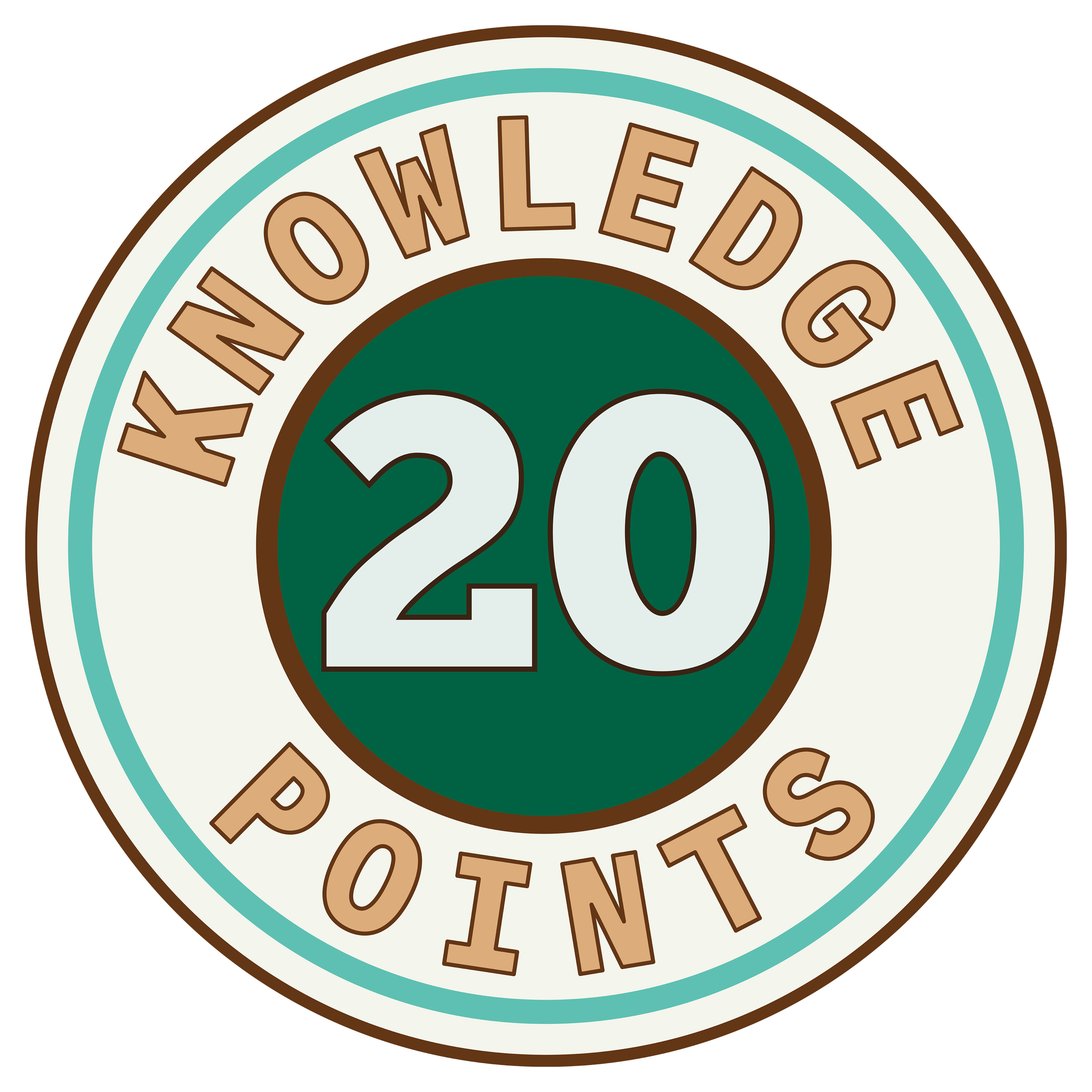 Circular Knowledge Points logo with layered teal, cream, and dark green rings and a brown outline, featuring the number “20” centered in light green on a dark green background, with “KNOWLEDGE POINTS” around the outer ring.