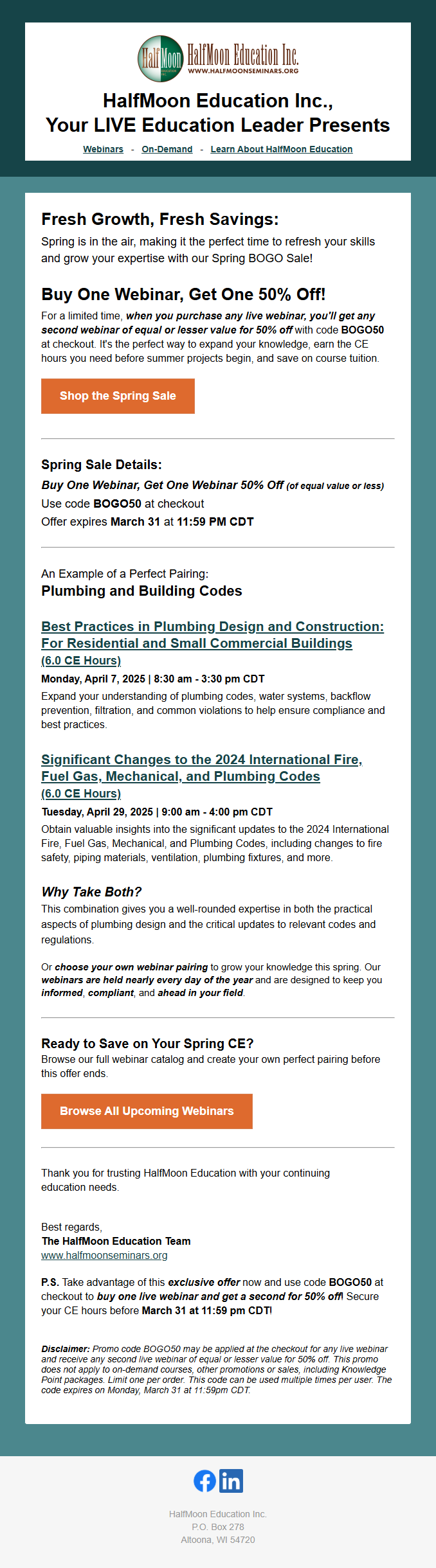 HalfMoon Education promotional email advertising a Spring Buy One Webinar, Get One 50% Off sale, featuring recommended webinar pairings and calls to browse upcoming webinars.