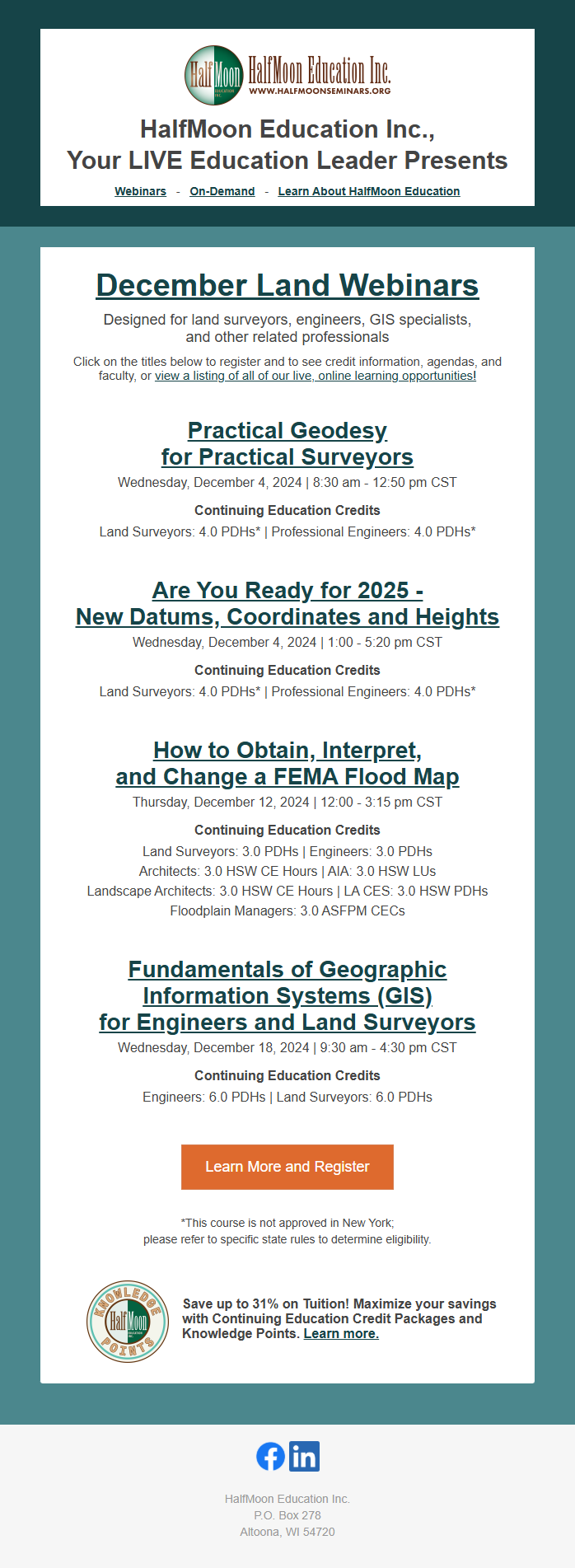 HalfMoon Education promotional email featuring multiple continuing education webinars with program details, continuing education credits, and a registration button.