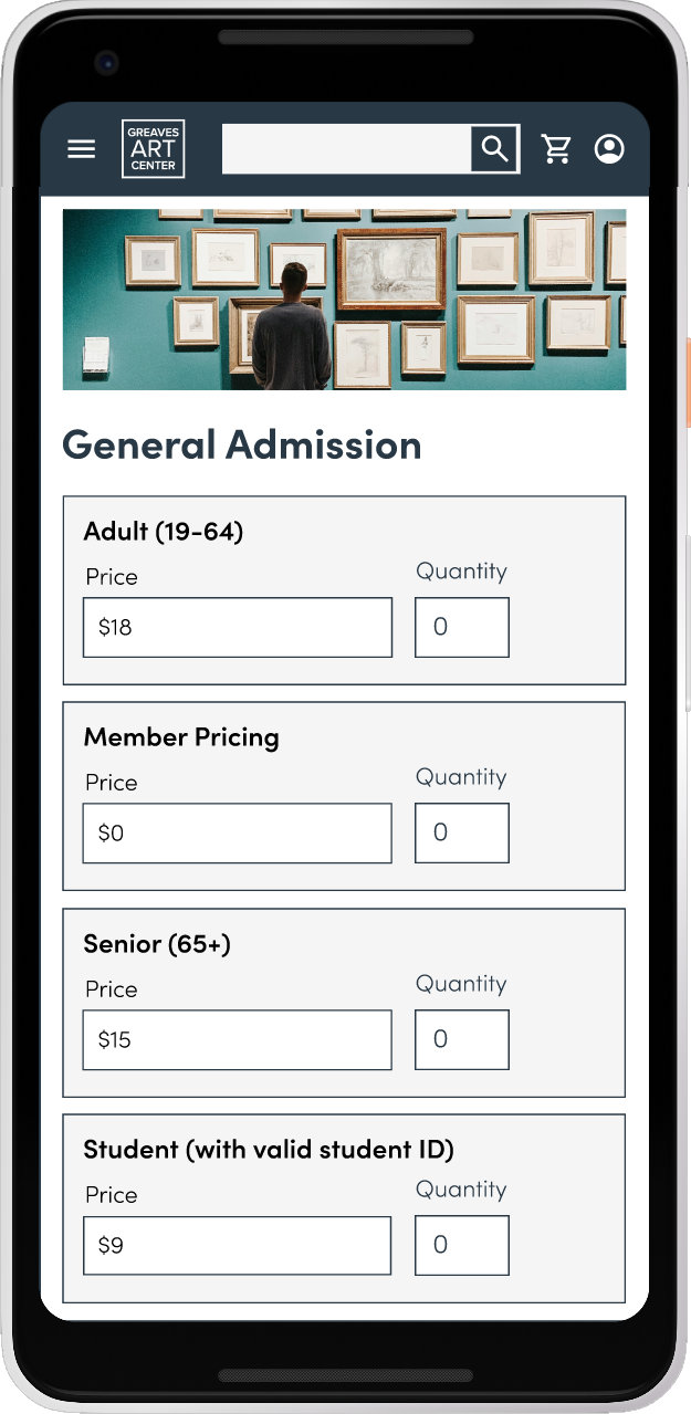General admission ticket purchasing screen of the Greaves Art Center mobile app displaying admission categories, ticket prices, and quantity fields for selecting museum tickets.