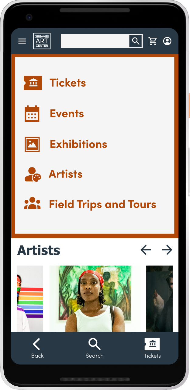 Navigation menu of the Greaves Art Center mobile app providing access to tickets, events, exhibitions, artists, and field trips and tours.