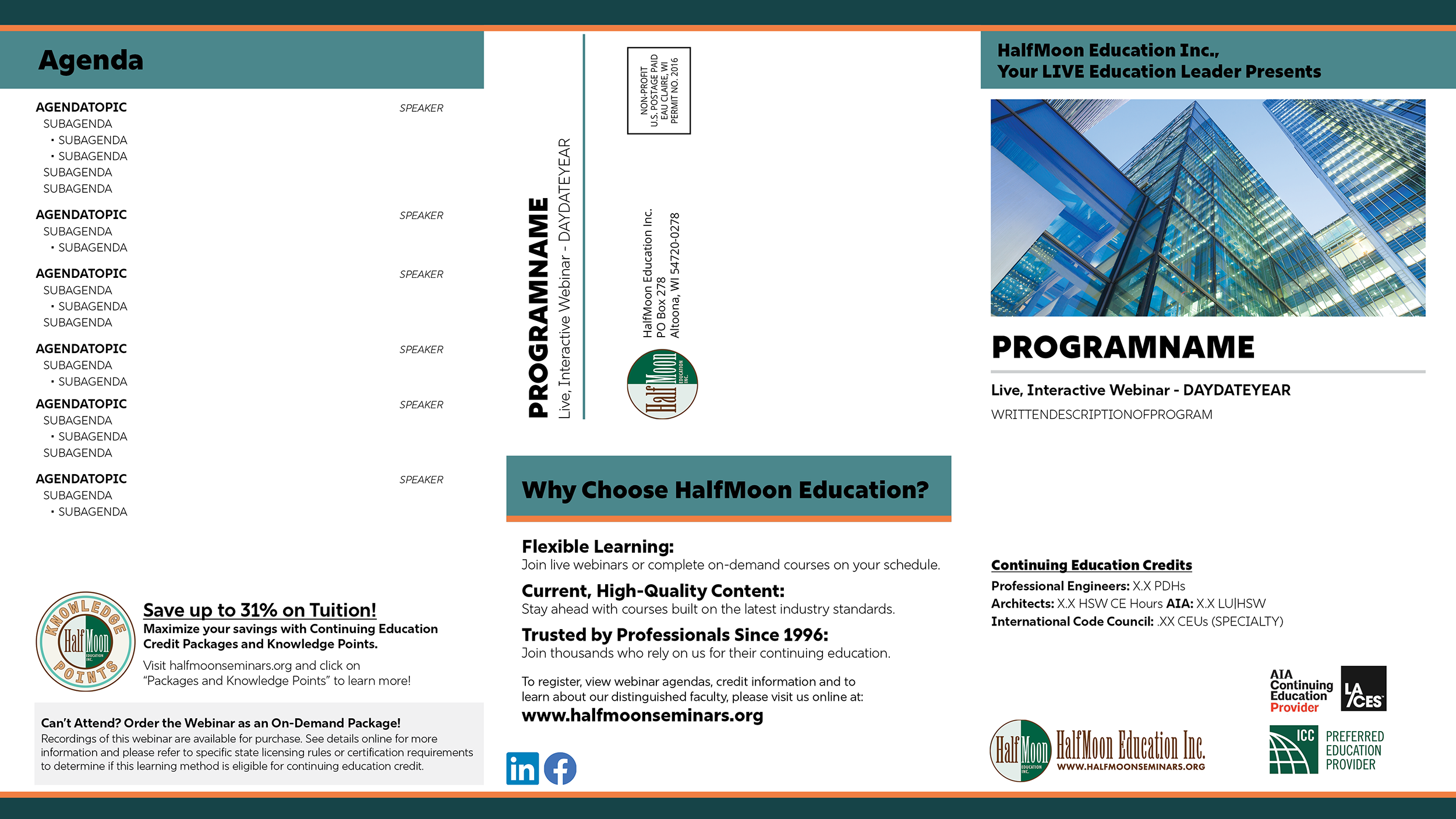 Front and back panels of a brochure template for a webinar program. The front cover features a placeholder image, a large program title placeholder, and event details. The back panel includes an agenda with repeated topic and subtopic placeholders, s