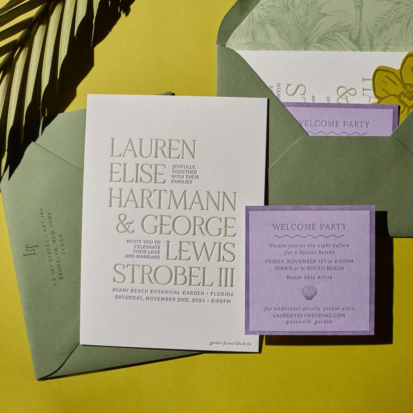 Bold names with tropical touches for Lauren and Trey's Miami wedding. #letterpress #letterpressprinting #letterpressinvitations #letterpressstationery #letterpressstudio #weddingstationery #weddinginvitation #weddinginvitations #miamiwedding #miamibo