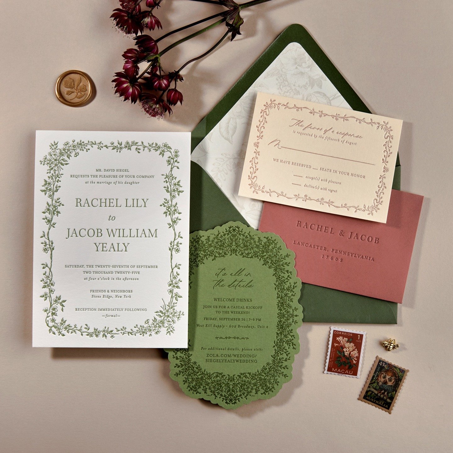 Rich colors and delicate floral details for Rachel and Jacob's September wedding.

📸: @armbrusterphoto 

#letterpress #stationery #letterpressprinting #letterpressstationery #letterpressweddinginvitation #letterpressinvitation
#weddinginvitation #we