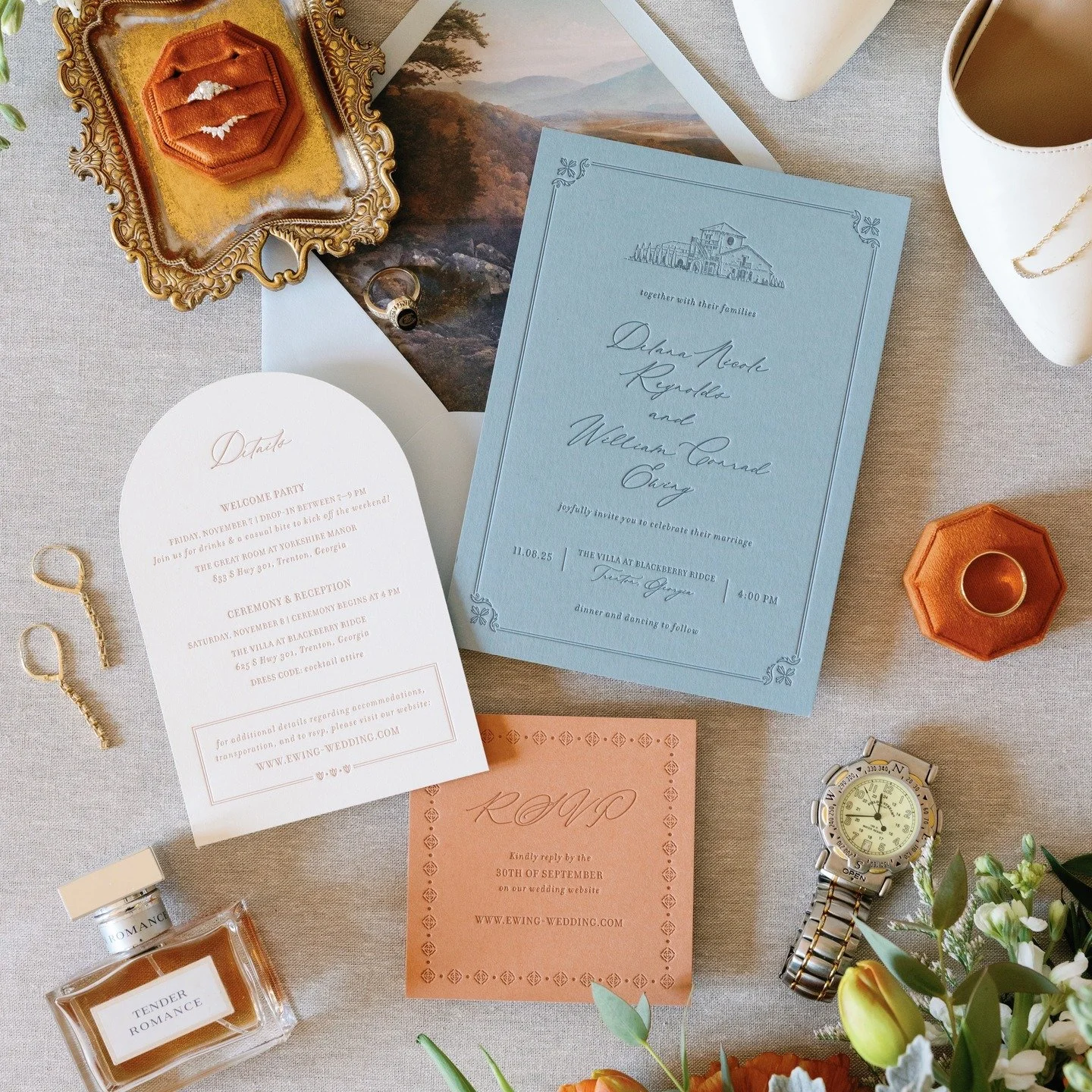 With their Save the Date as inspiration, we held onto those Tuscan vibes for Delana &amp; Will's main suite. 

📸: @elylynnrandall 
venue: @blackberryridgega 

#letterpress #stationery #letterpressprinting #letterpressstationery #letterpressweddingin