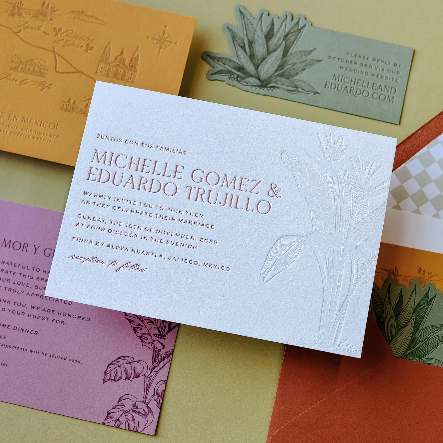 Tropical colors and foliage for Michelle and Eduardo's Mexico wedding. 
 
#letterpress #stationery #letterpressprinting #letterpressstationery #letterpressweddinginvitation #letterpressinvitation
#weddinginvitation #weddingstationery #weddinginvite #