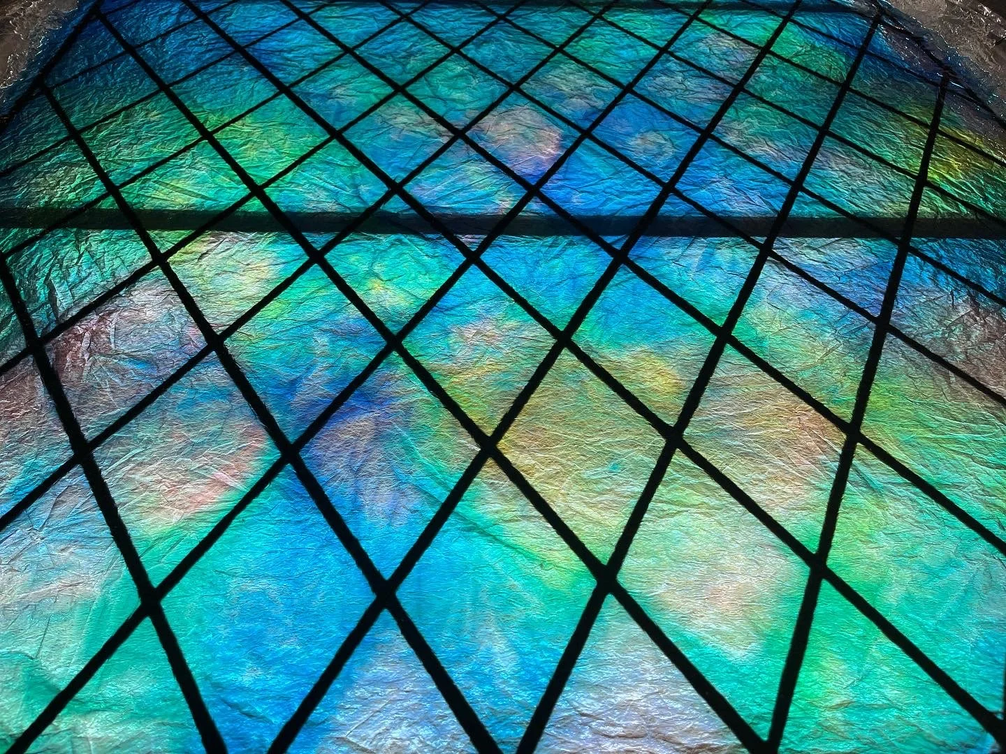 Colorful, iridescent surface partially covered by a black wire grid.