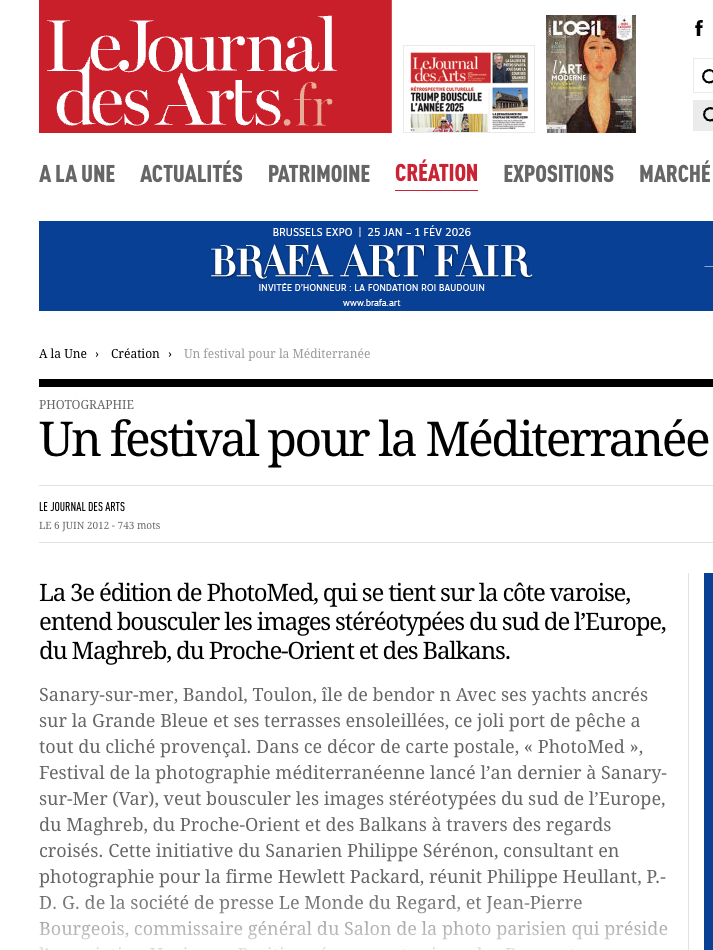 Screenshot of a news article from 'Le Journal des Arts' website about the 3rd edition of PhotoMed, a Mediterranean photography festival taking place in Sanary-sur-Mer, Bandol, Toulon, France, featuring images from Southern Europe, Maghreb, Middle East, and Balkans.