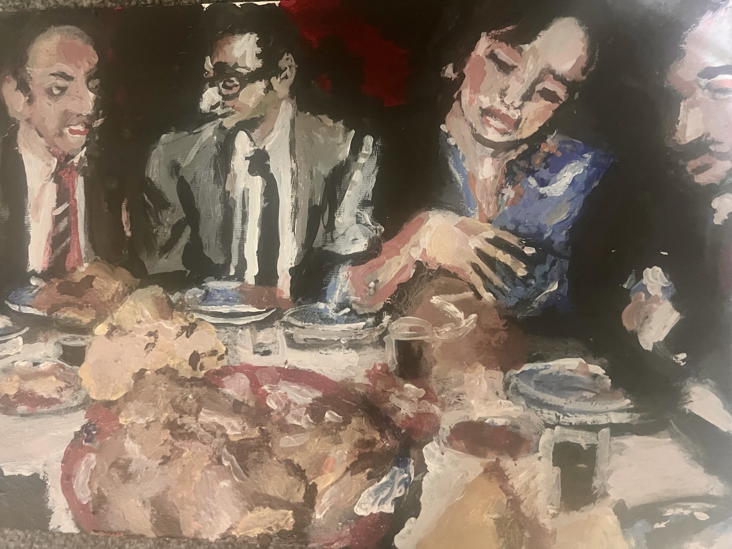An abstract painting showing four people sitting at a dining table. The person on the left is a man wearing a suit and red tie. The second person is a woman with glasses wearing a gray blazer. The third person is a woman with a blue dress, holding a glass and looking at her phone. The fourth person is a man on the far right, partially visible, in dark clothing. The table has food and drinks on it.