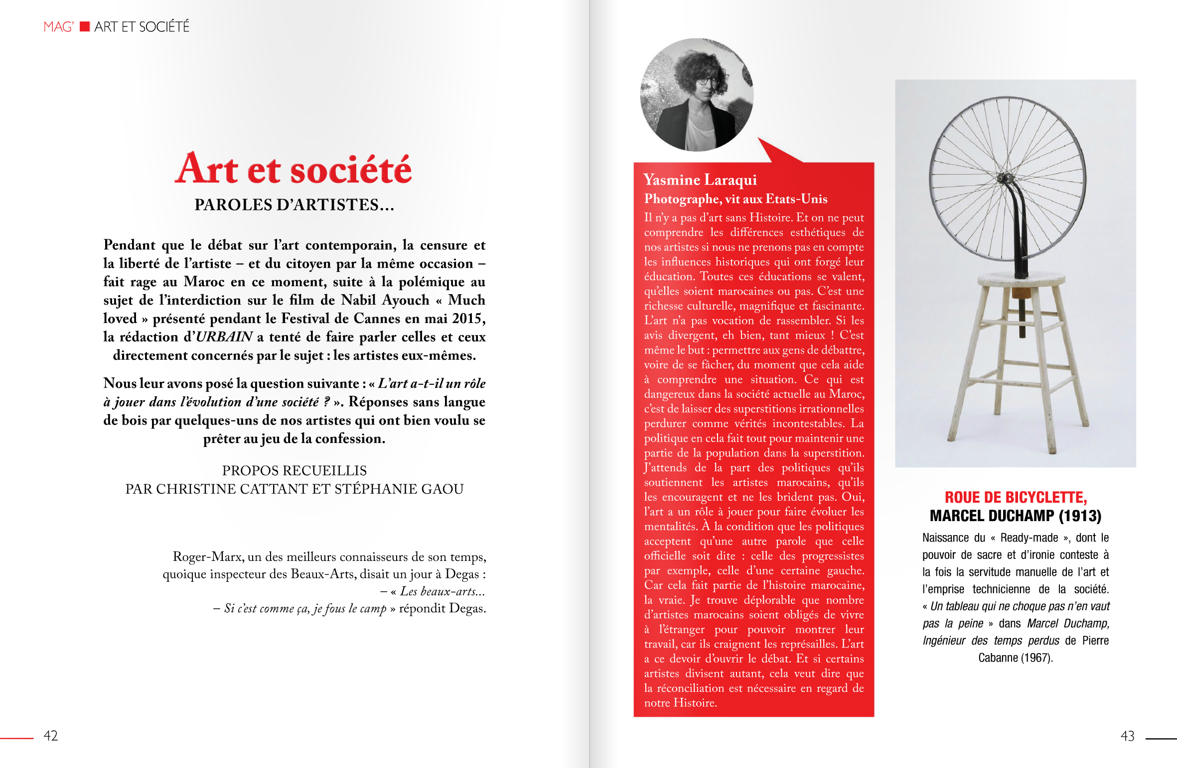 Magazine spread titled "Art et société" with an article discussing contemporary art, censorship, and artists' activism. Features a section with a black-and-white portrait of Yasmine Laraqui, a US-based photographer, and a black-and-white photo of a bicycle wheel sculpture by Marcel Duchamp, along with descriptive text.