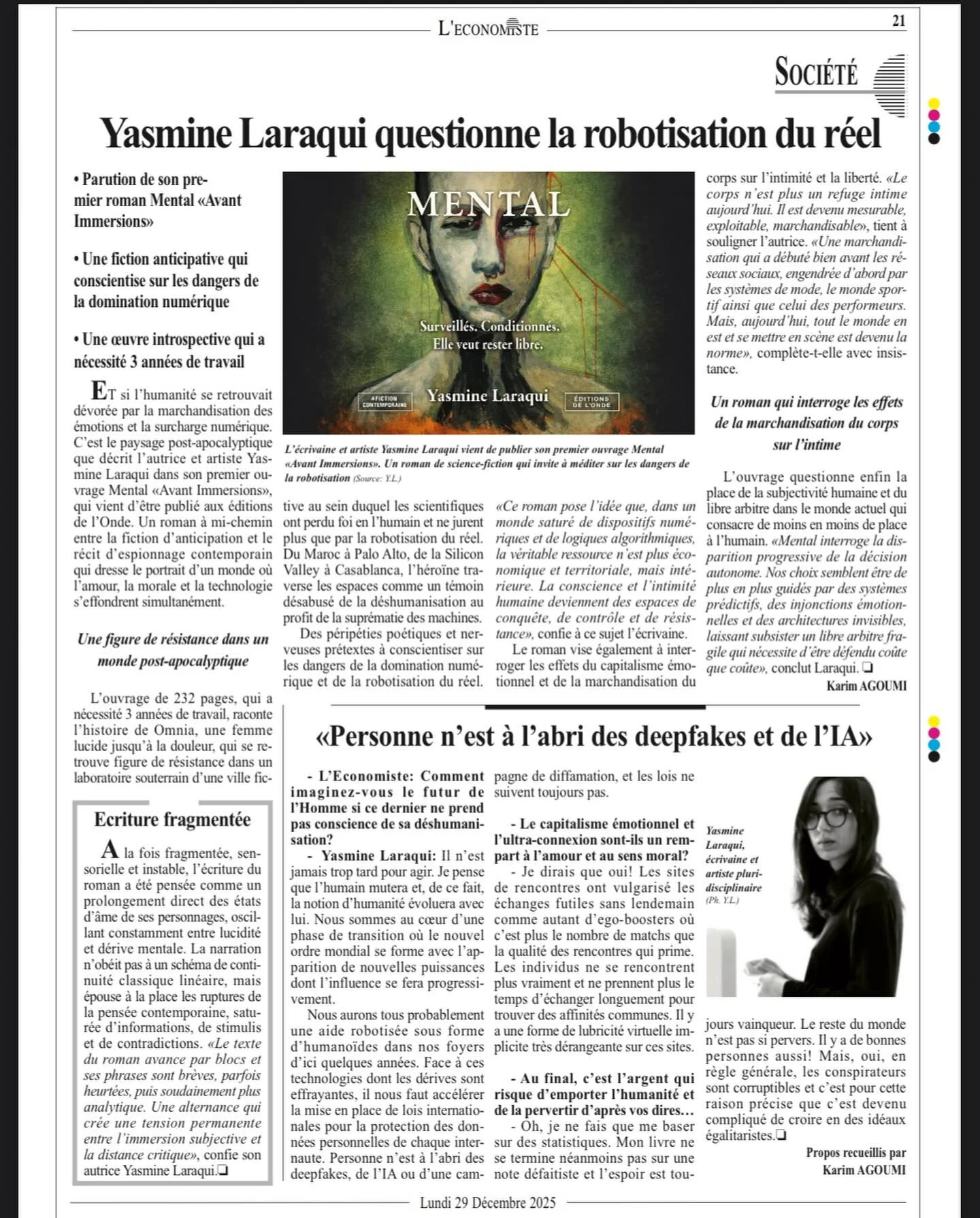 Merci &agrave; Karim Agoumi pour cette page sur l&rsquo;economiste o&ugrave; l&rsquo;on discute des derives technobiologiques et de la commodification des subjectivit&eacute;s par les algos. 

#mentalyasminelaraqui #alire