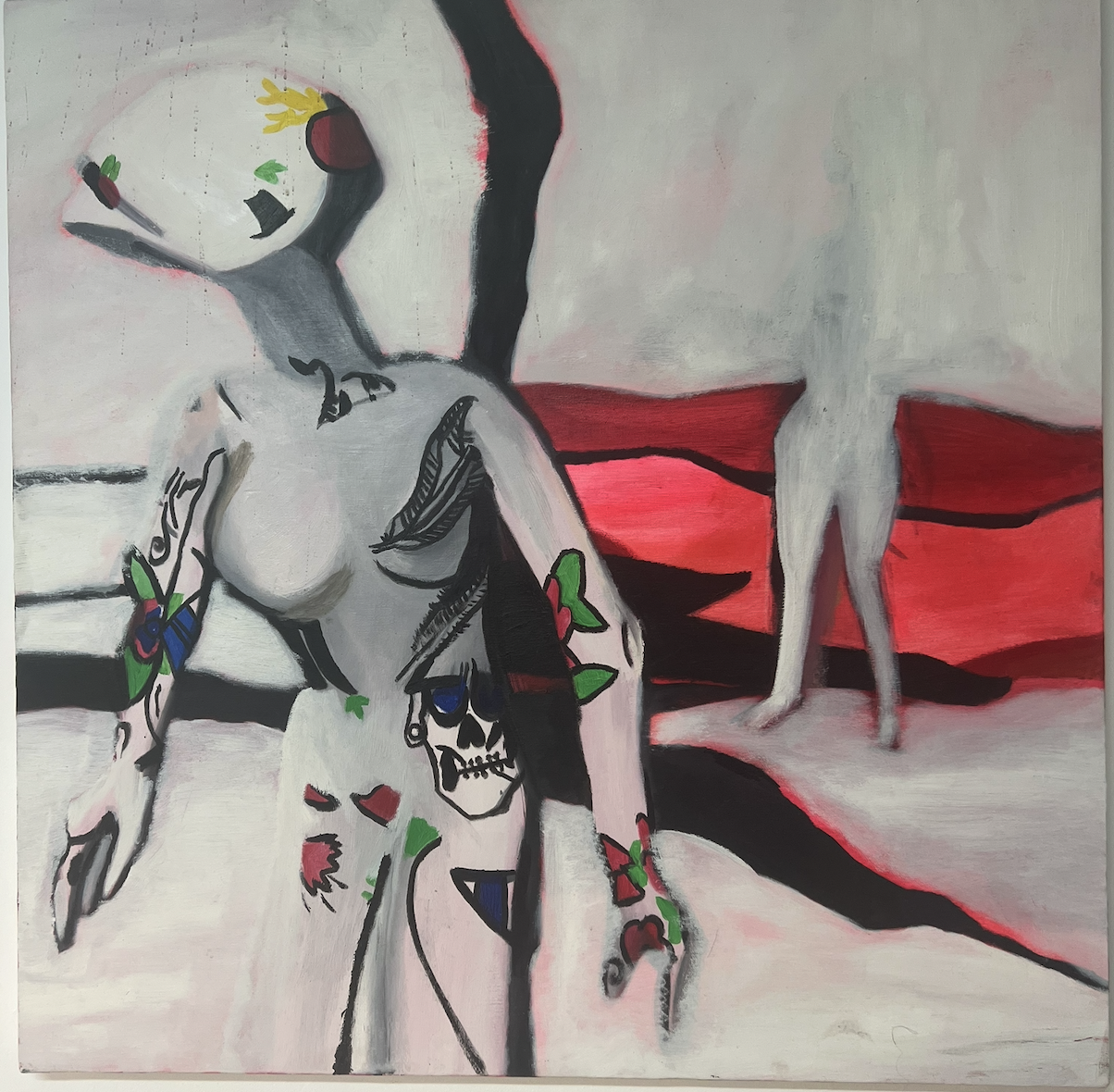 Abstract painting of a stylized woman with tattoos, red lips, and red eyes, standing on a bed with red and black bedding, with a gray background.