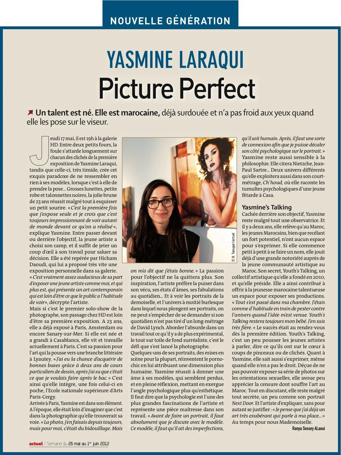 Magazine page featuring an article about Yasmine Laraqui with two photos of her, one smiling with glasses, and another more artistic portrait with dark makeup and tousled hair.