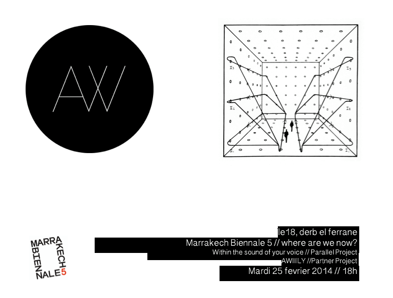 A black circle with white 'AV' text on the left and a 3D line drawing of a room with speakers on the right. Bottom left has stylized vertical text reading 'MARRAKECH BIENNALE 5' and bottom right contains event details for an art project at Marrakech Biennale 5, happening on February 25, 2014.