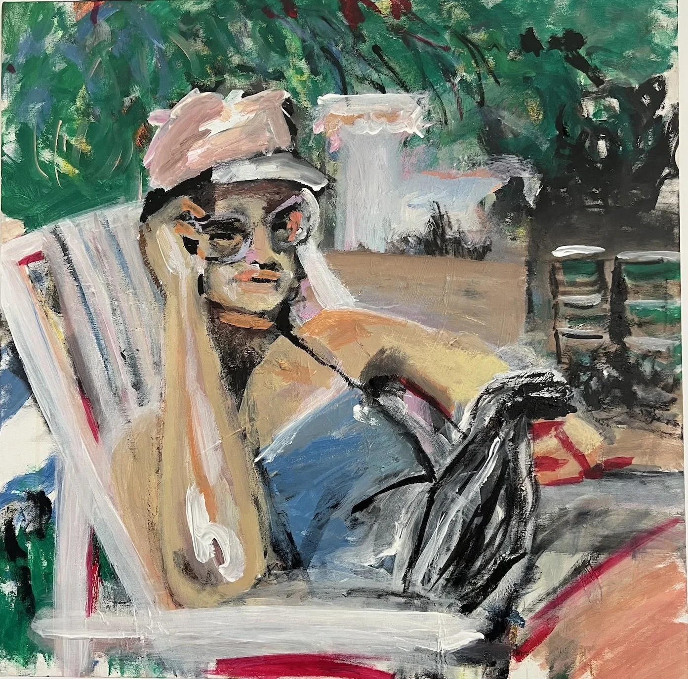 An impressionistic painting of a woman with glasses relaxing outdoors, wearing a pink hat and a blue top, sitting on a striped lounge chair with a background of greenery, trees, and a white structure.