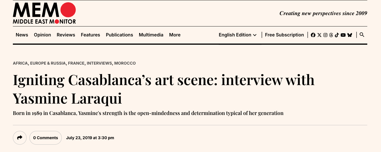 Screenshot of Middle East Monitor website featuring an interview with Yasmine Laraqui about Casablanca's art scene, published on July 23, 2019.