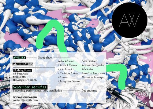Event poster featuring a group show at Nothing Space with listed artists, date, location, and website, set against a background of colorful, abstract, three-dimensional shapes and two green question marks.