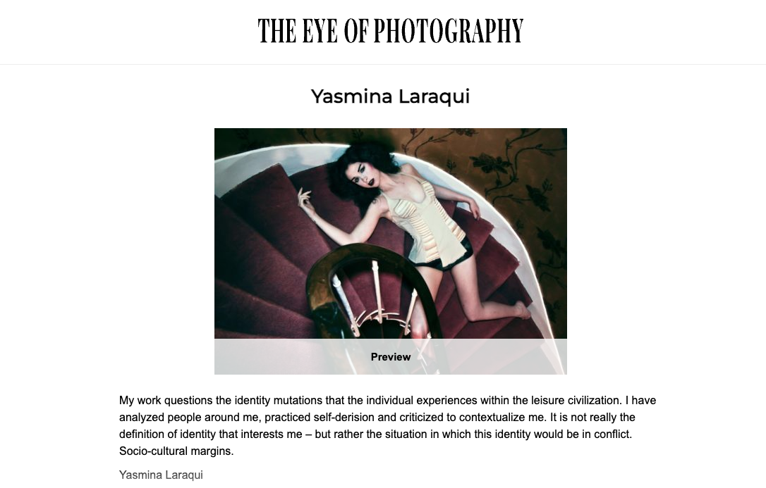 Book page titled 'The Eye of Photography' with a photo of a woman lying on a spiral staircase, wearing a corset and black shorts. yasmine laraqui the eye of photography article