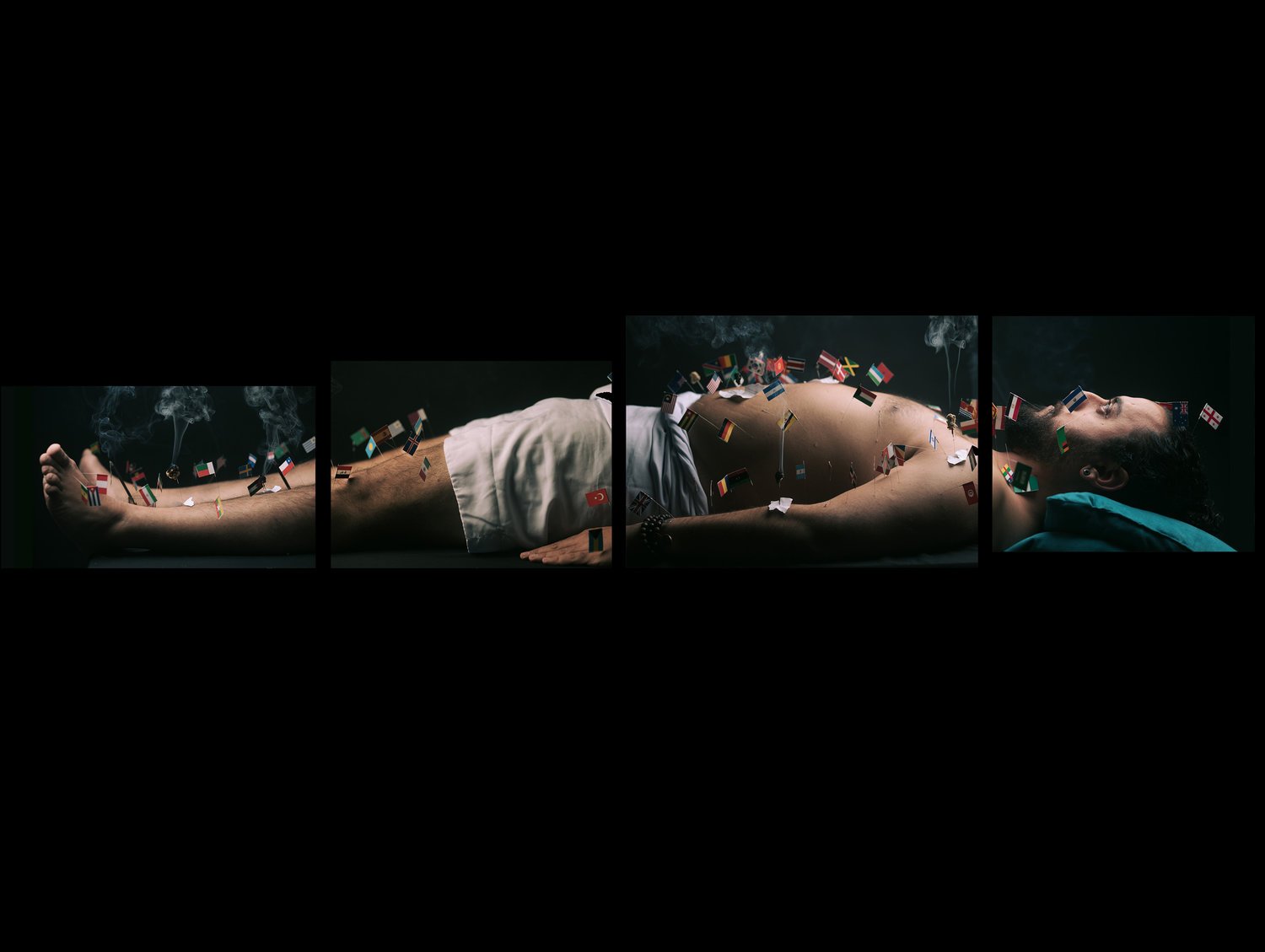 A person lying on their back with their eyes closed, surrounded by smoking cigarette images and small flags of various countries on their body, divided into four panels.