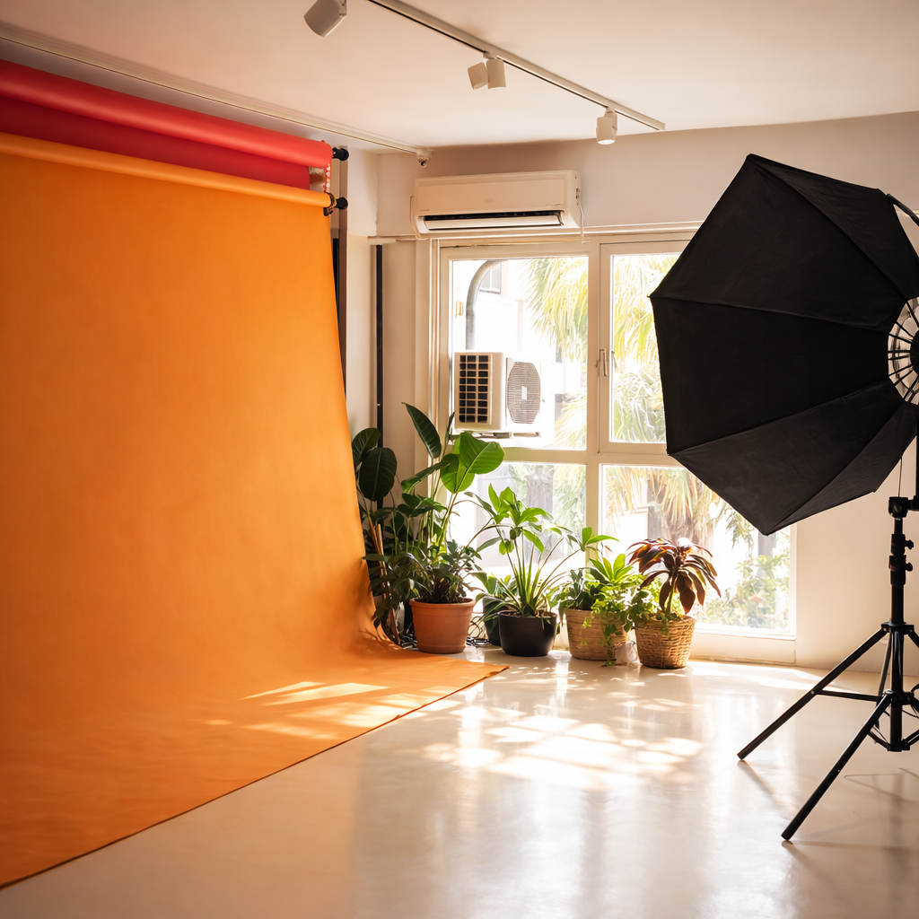 Photography studio with orange backdrop, large photography umbrella, and potted plants near a window with sunlight.