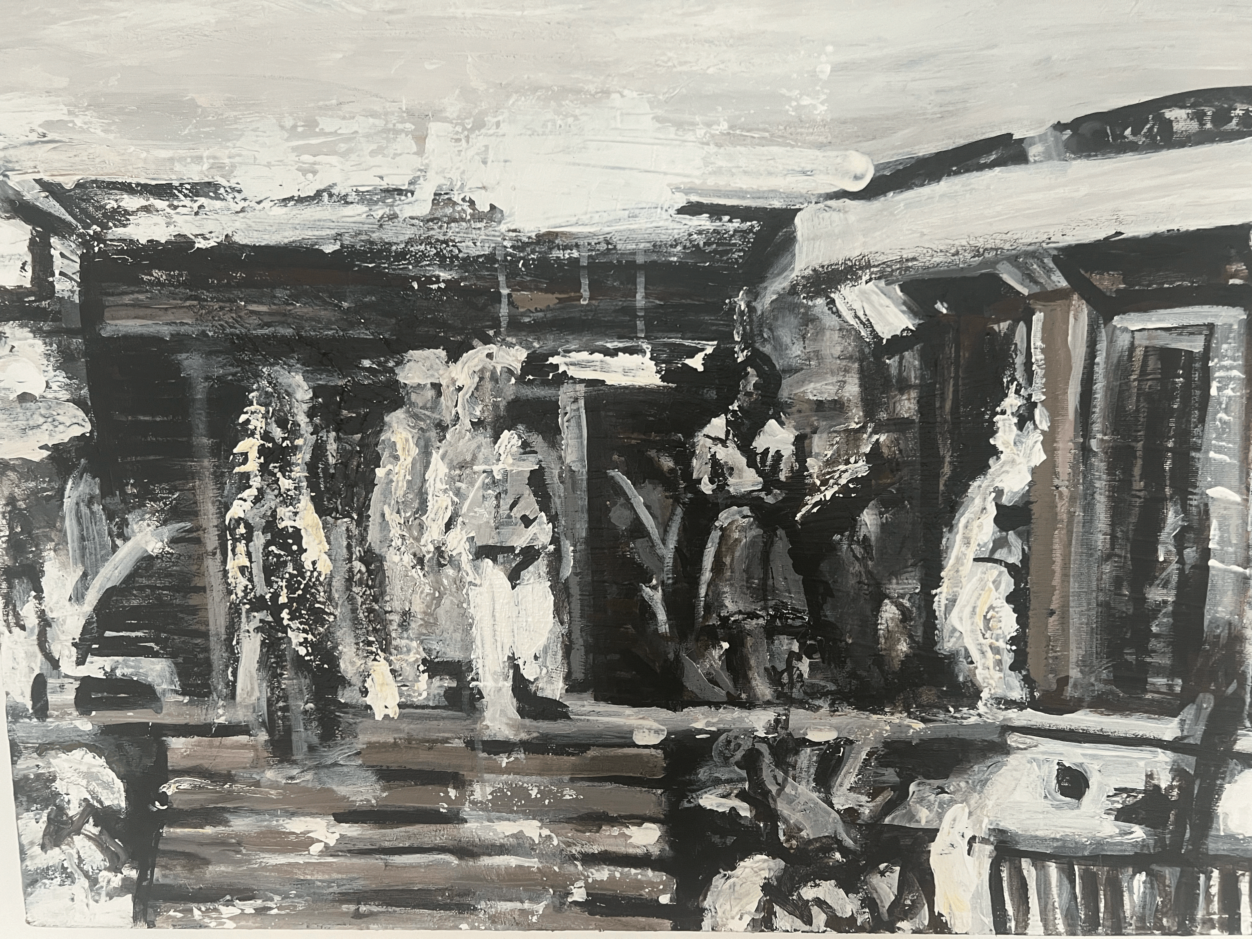 Abstract black and white painting of a room with several figures, including a person with a camera, standing near windows and furniture.