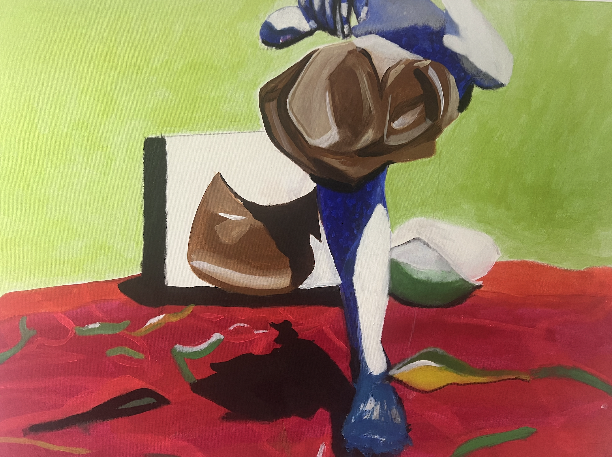 An abstract still life painting featuring a small reflective sculpture of a head on a red surface, with a white and blue box, and green and white objects in the background, set against a green backdrop.