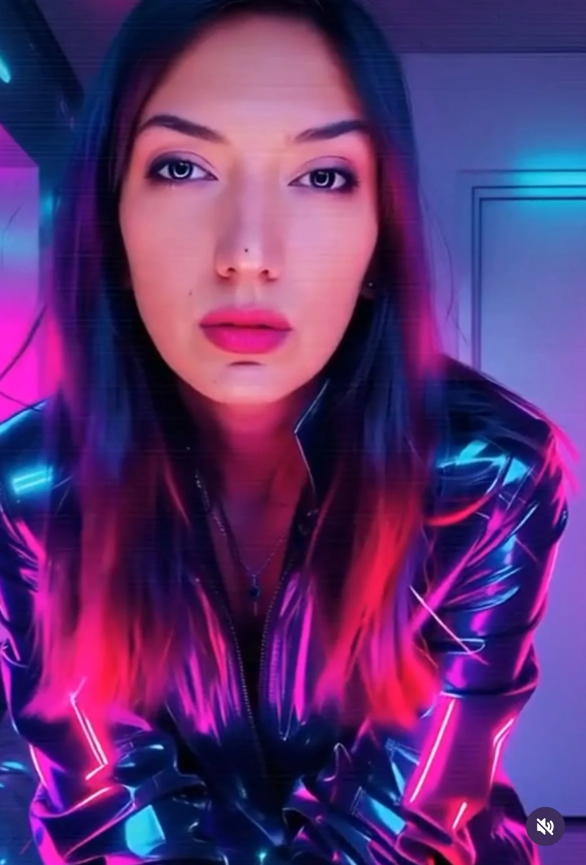 A woman with long hair wearing a shiny black jacket with pink and purple neon lighting.