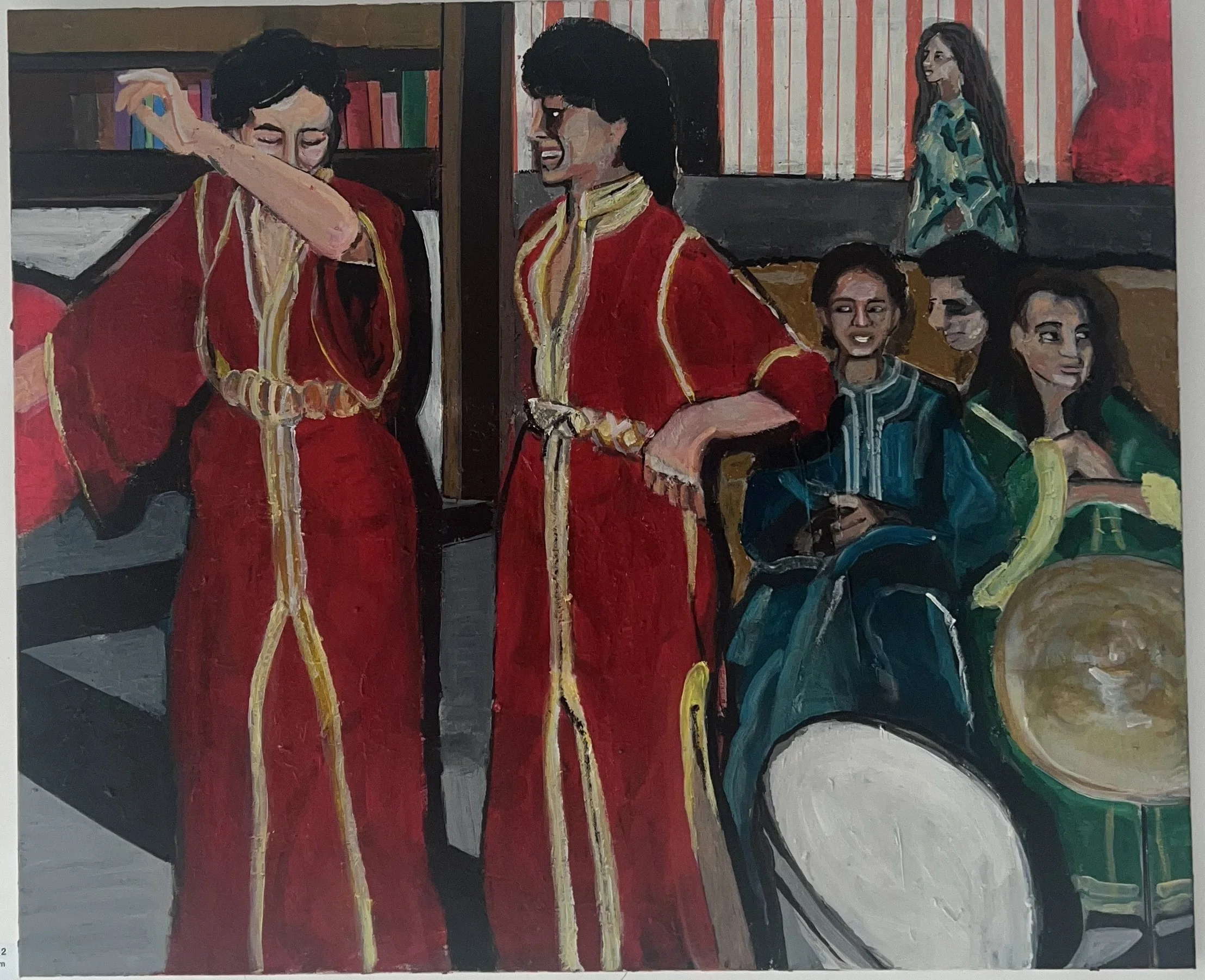 Painting of a social gathering with two women in red traditional attire standing and chatting, three women seated in colorful clothing talking and smiling, with one woman standing in the background, all in a lively indoor setting.