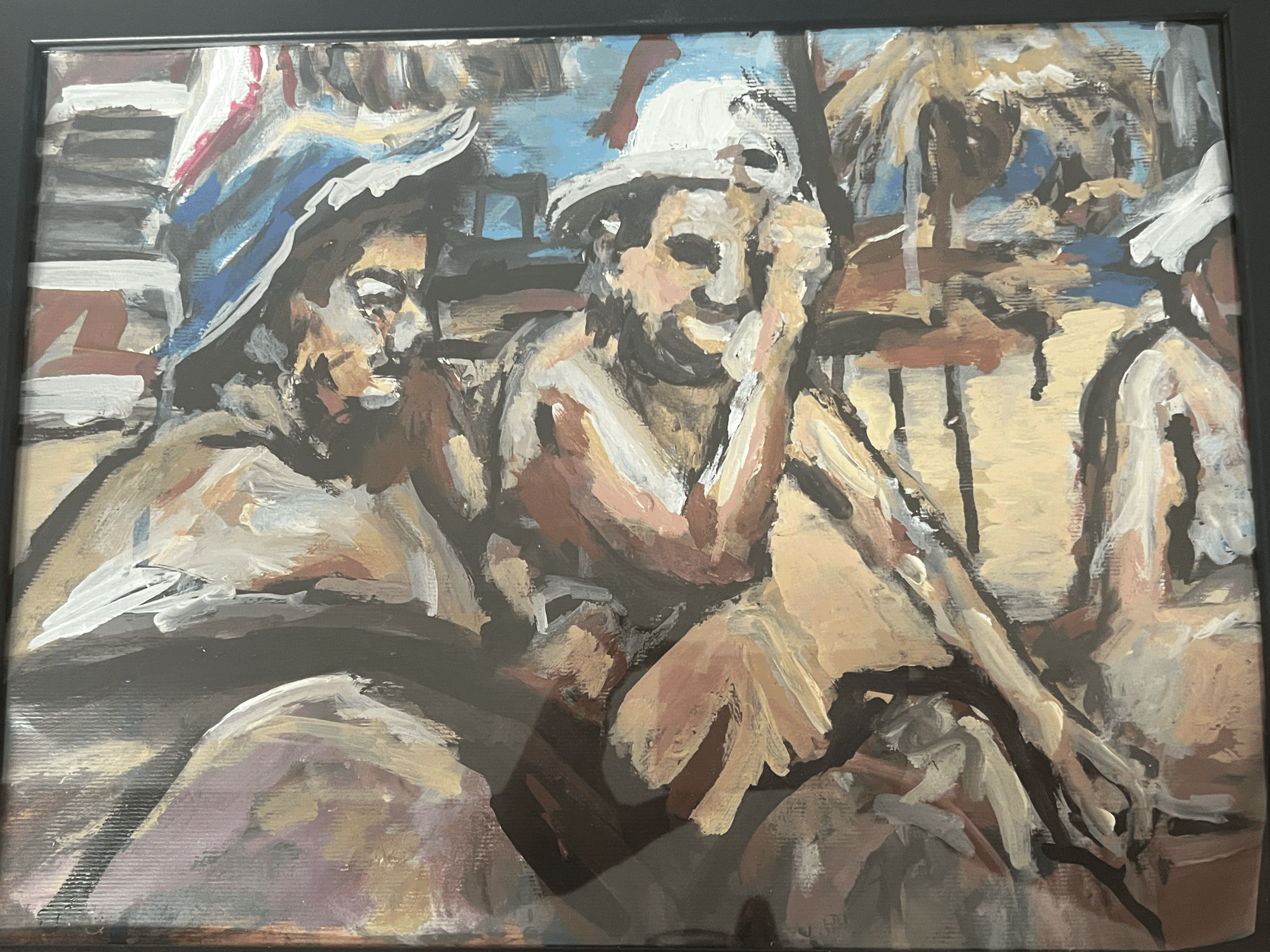 A painting of three people sitting on a beach, with umbrellas and sand in the background. The central figure is a woman wearing a hat, resting her head on her hand. The person on the left has dark hair and a beard, and the person on the right is part